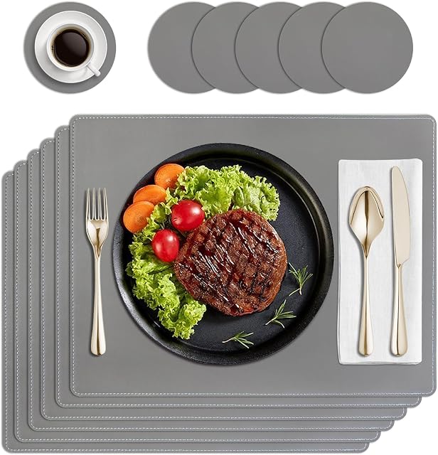 HPMAISON Placemats and Coasters Set of 6, Heat-Resistant PU Leather Table Mats Washable Non-Slip Waterproof Kitchen Dining Place Mats Set of 6 for Home, Restaurant Hotel, Outdoor, Party