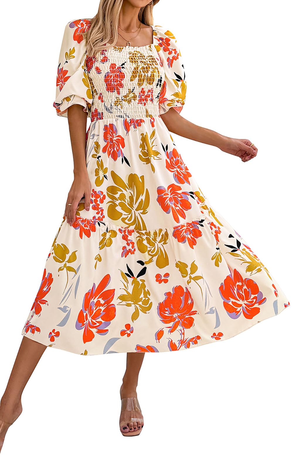 PRETTYGARDEN Women's Summer Casual Dresses 2025 Spring Puff Sleeve Square Neck A-line Flowy Boho Floral Smocked Midi Dress