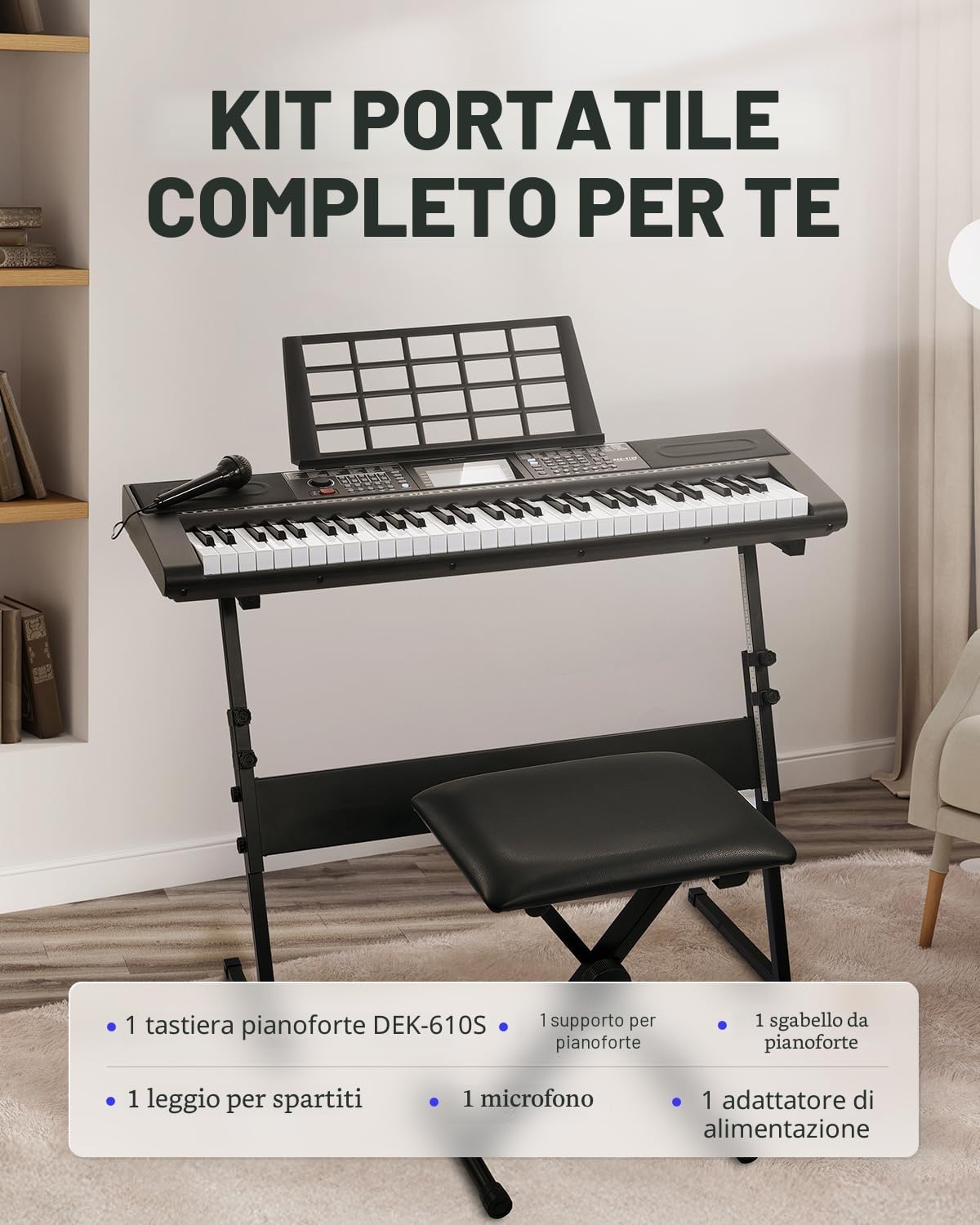 Donner DEK-610S Keyboard Piano 61 tasti tastiera elettrica 249 voci 249 ritmi supporto sgabello microfono nero