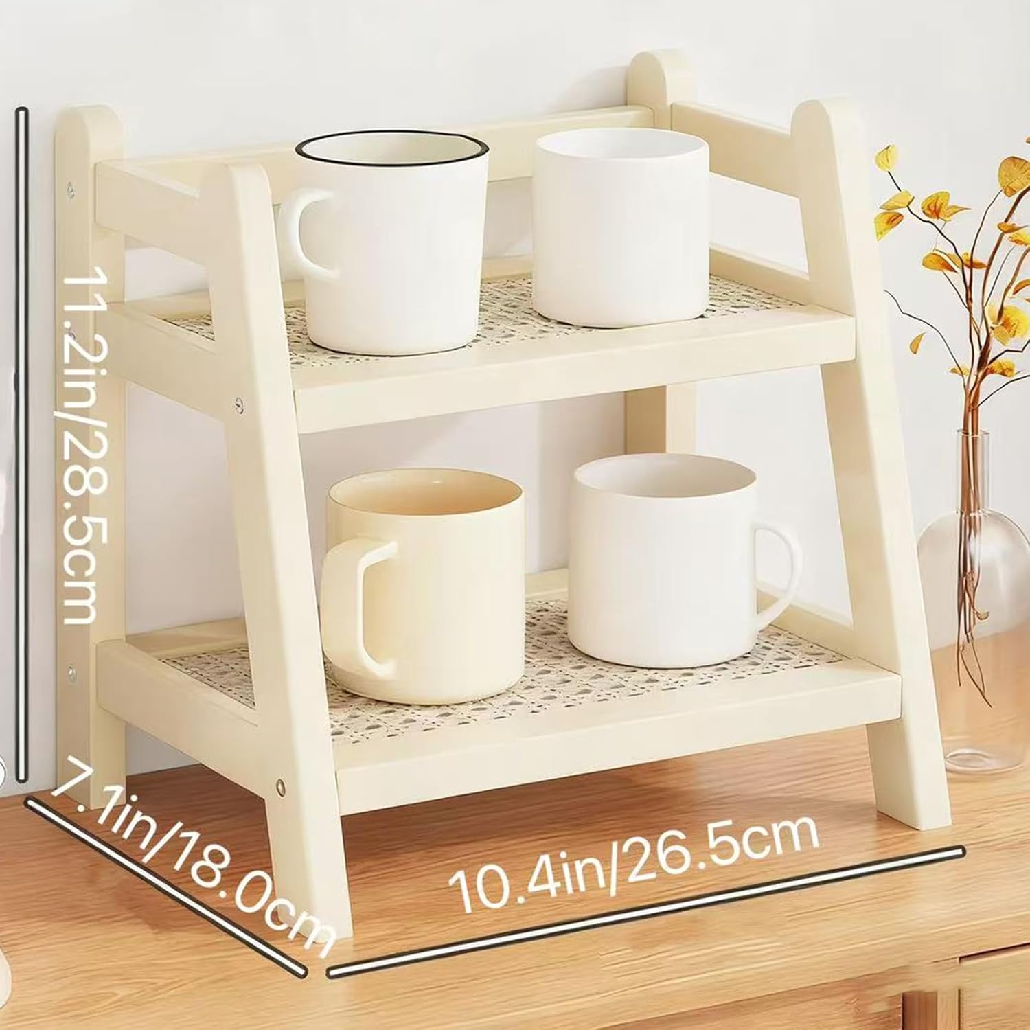 2 Tier Coffee Station Organizer Bamboo Coffee Bar Organizer Mug Holder Countertop Wicker Look Kitchen Counter Shelves for Tea Coffee Bar Accessories for Pantry Cabinet, Cream White
