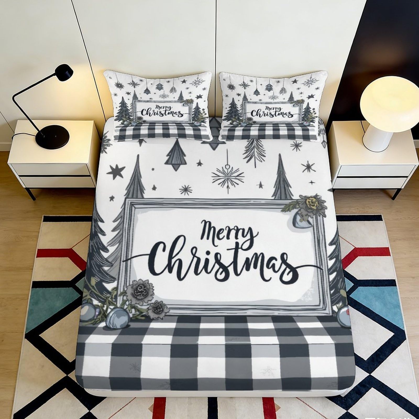 Dhbaneiok Style-8 3D Printed Christmas Tree Fitted Sheet Microfiber Plaid Snowflake Bed Cover Non Slip For Bedroom Guest Room Decor 90X200x25cm