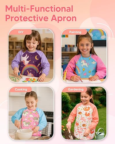 Miniatura 5 de Oiomniv Delantal de pintura para niños, impermeable, de manga larga, con 3 bolsillos, bata lavable para niños de 3 a 8 años