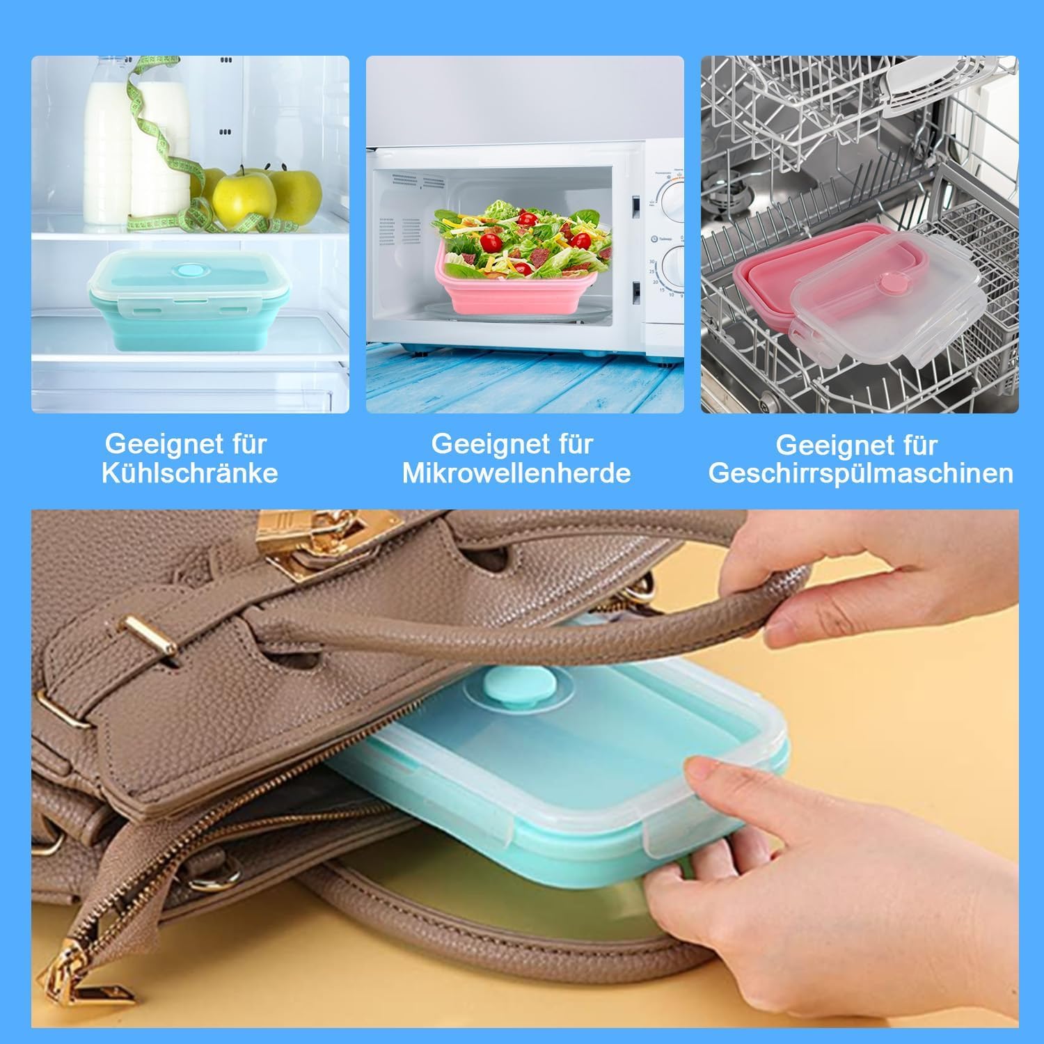 Contenitori Pieghevoli Pranzo 800ml - 2 Pezzi In Silicone, Coperchio Antigoccia, Blu E Rosa - Foto 2