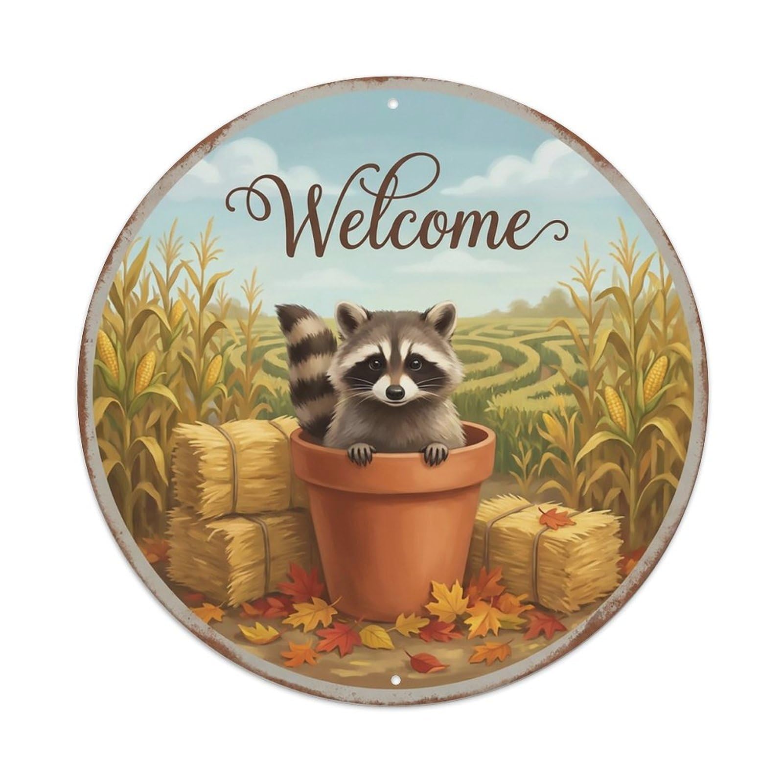 Welcome Raccoon Corn Maze Metal Tin Sign