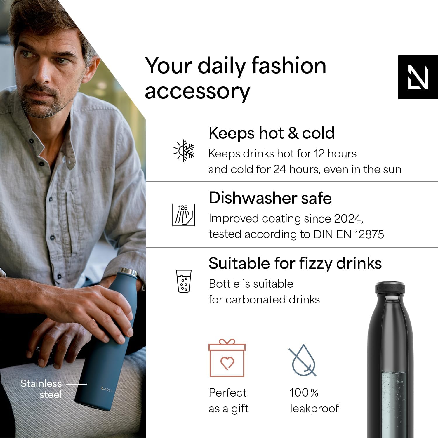 LARS NYSØM Stainless Steel Insulated Water Bottle 12oz 17oz 25oz 34oz 51oz | Insulated Thermo Flask for Hot and Cold Beverages | Leakproof Drinking Bottle (Carbon Black, 33.9oz) - Image 2