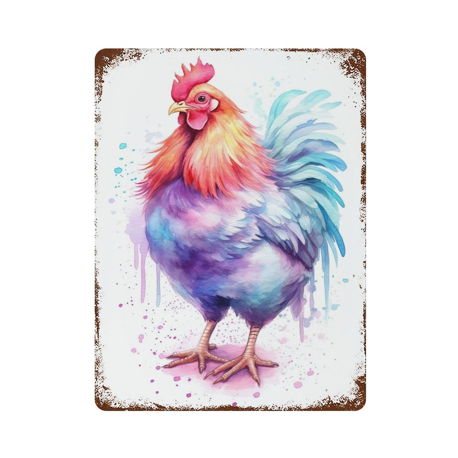 Watercolor Chicken Art Vintage Wall Sign 15.7"x11.8", Rust Effect Metal Decor for Living Room, Hallway And Home Decor