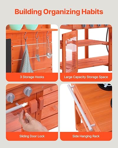 Miniatura 6 de VEVOR Cocina de madera para jugar al aire libre para niños, diseño extra ancho de 41.3 pulgadas con estufas realistas, 2 fregaderos extraíbles,