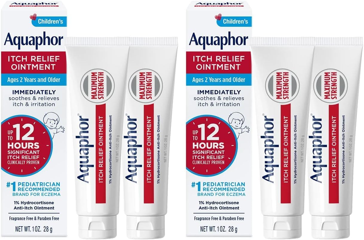 Aquaphor Children's Itch Relief Ointment,1% Hydrocortisone Anti Itch Ointment for Skin Irritation,Insect Bites,Psoriasis,Skin Rashes Eczema & Poison Ivy,Fragrance Free,1 Oz Tube,(Pack of 4)