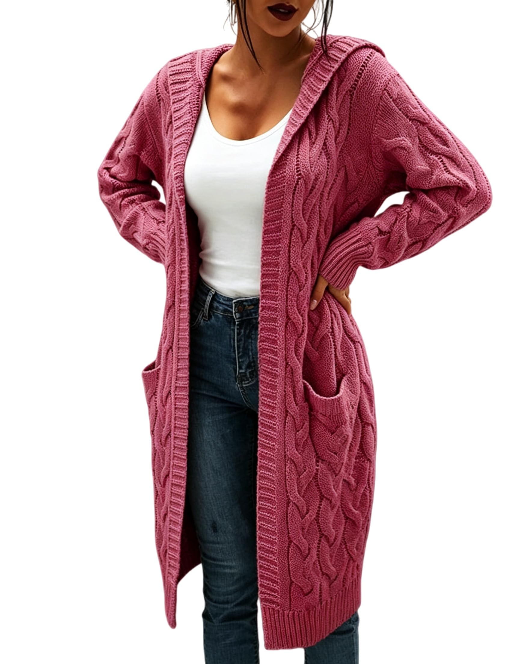 Gilet Long À Capuche pour Femme avec Poches en Grosse Maille Manches Longues Élégant Idéal pour L'Automne et l'hiver Veste De Transition Décontractée Au Quotidien Rose Poudré Taille 3XL