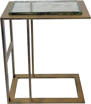Carolina Chair & Table Castella C Shaped End Table - Powder Coated Iron Frame and Glass Top Accent Table Antique Brass Finish Modern Compact Furniture for Bedroom, Living Room Bronze