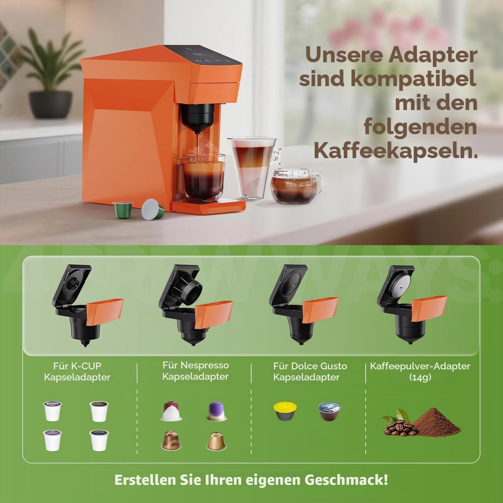 4 in 1 Disposable Coffee Machine, Espresso Machine 19 Bar für K-Cup Kapseln/Ne-spresso OriginalLine/Do-lce Gusto/Gemahlenen Kaffee, 800ml Kapazität, Vibrant Orange