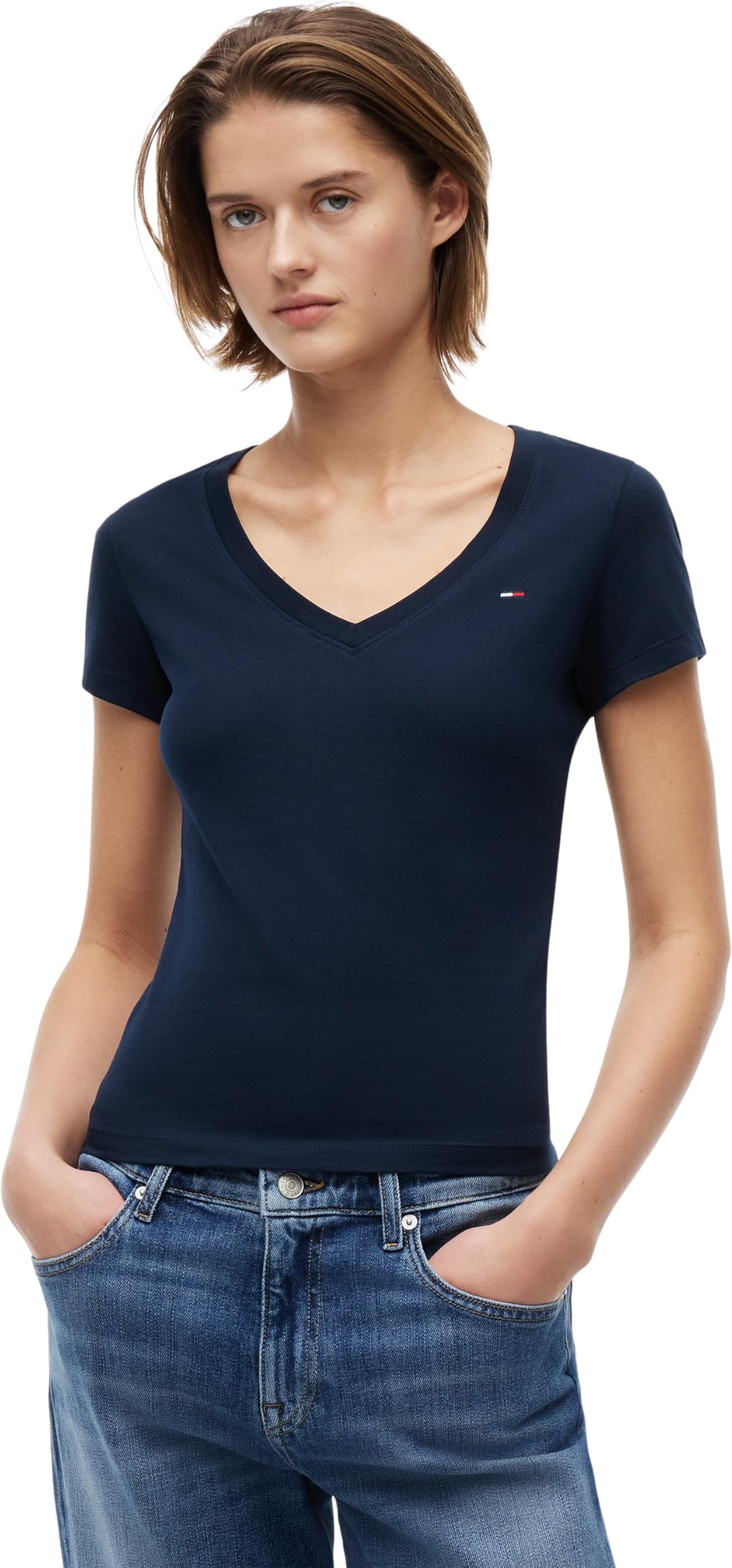 Tommy Jeans Women’s Short Sleeve V-Neck Slim T-Shirt, Blue (Dark Night Navy), XS