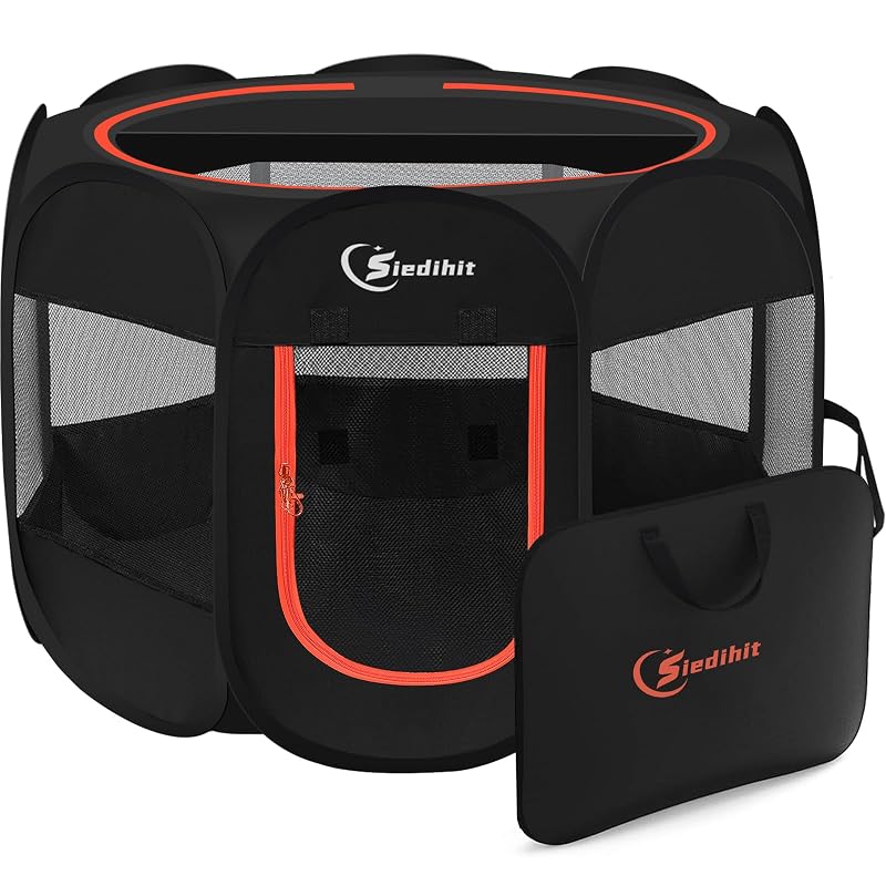 Cercado portátil para cães e gatos Siedihit com tela dupla e cobertura removível, Black Large