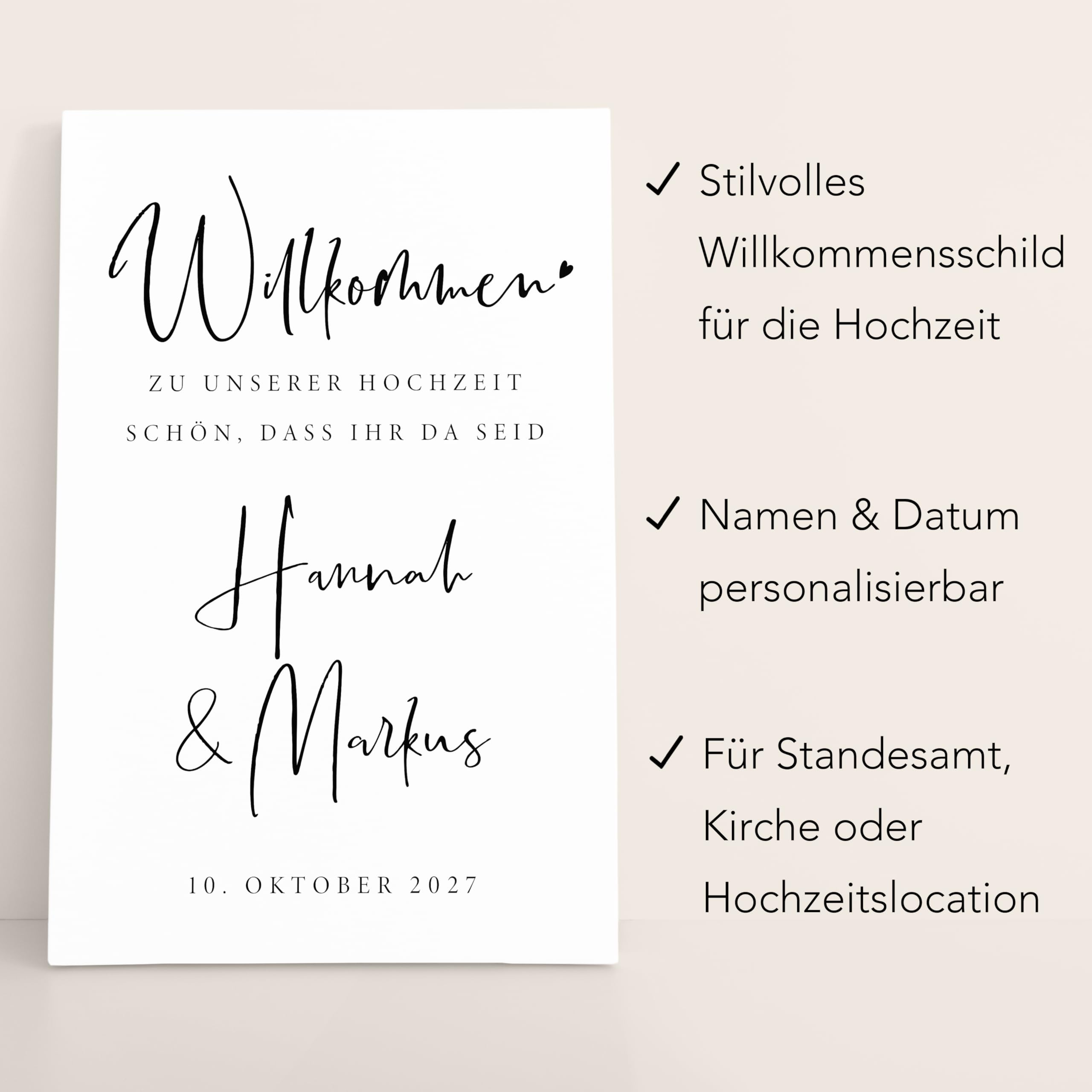 Willkommensschild Hochzeit Hochzeitsschild personalisierte Leinwand minimalistisch Herzlich Willkommen Schild Dekoration (40x60 cm | Ohne Staffelei)