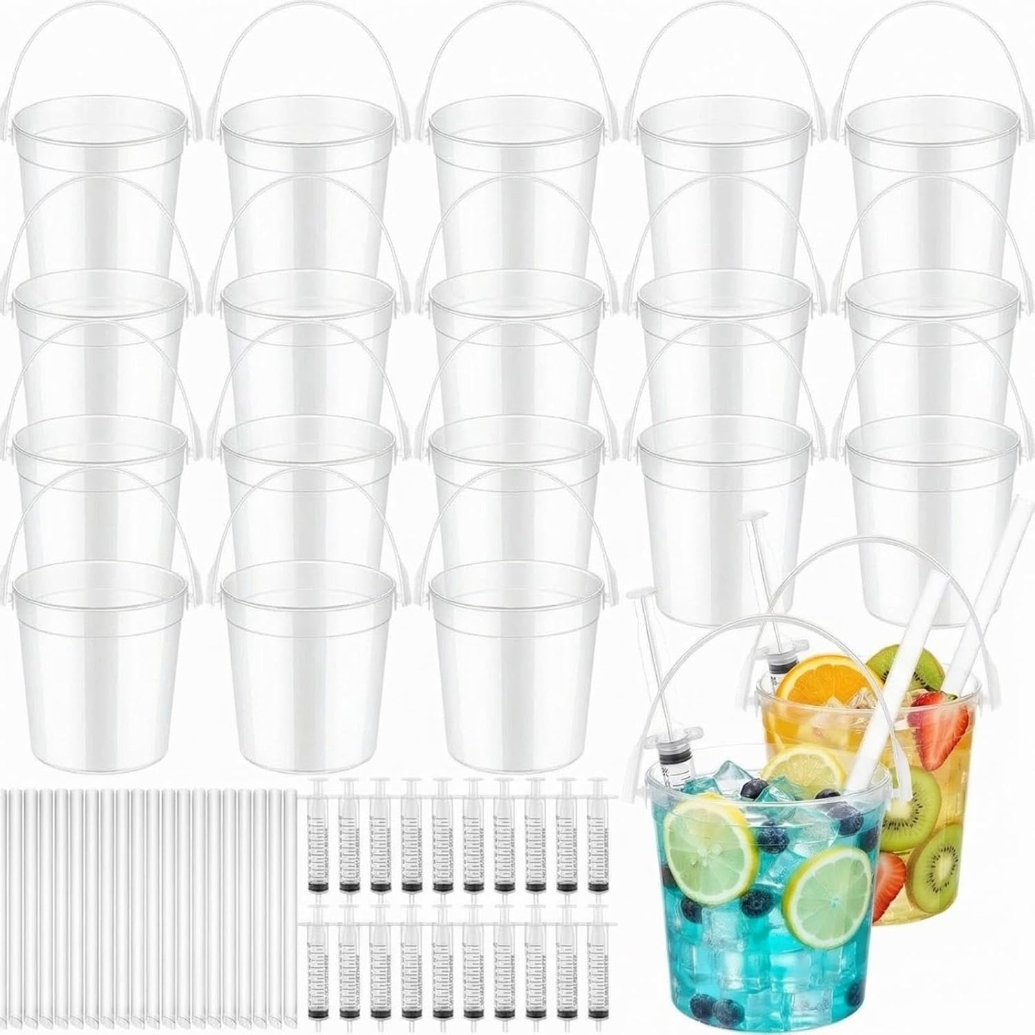 Willinglong 20 Sets 25oz Clear Plastic Drink Buckets Rum Buckets for Drink with Straws, Lids and Beverage Syringes Reusable Iced Coffee Cups for Rum Wine Beer Cocktail Beverage Lemonades