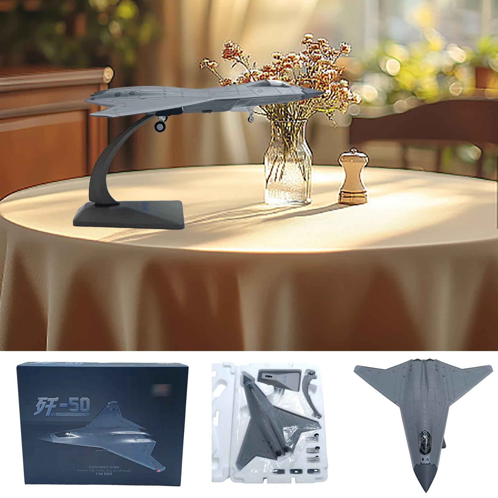 Modello aereo militare J-50 sesta generazione Stealth Fighter in scala 1:144 - Espositore collezione preassemblato con parti mobili, regalo for gli appassionati aviazione Collezionisti modelli
