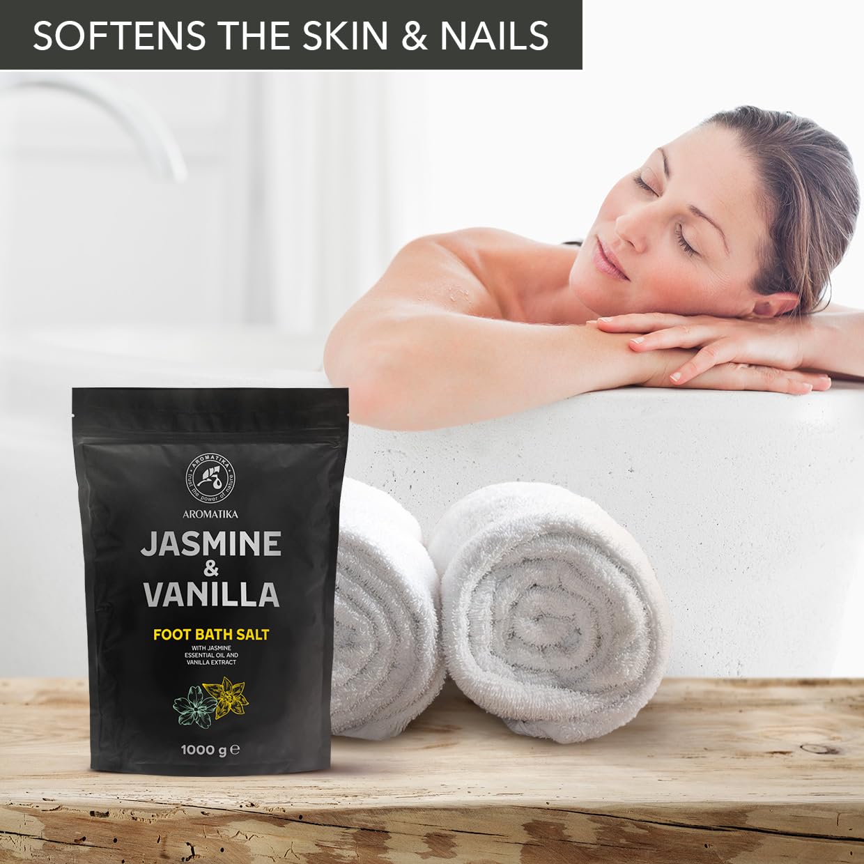Sal de Baño para Pies Jazmín Vainilla 1000g Sal Marina Natural con Aceite Esencial de Jazmín y Extracto de Vainilla Cuidado de Pies
