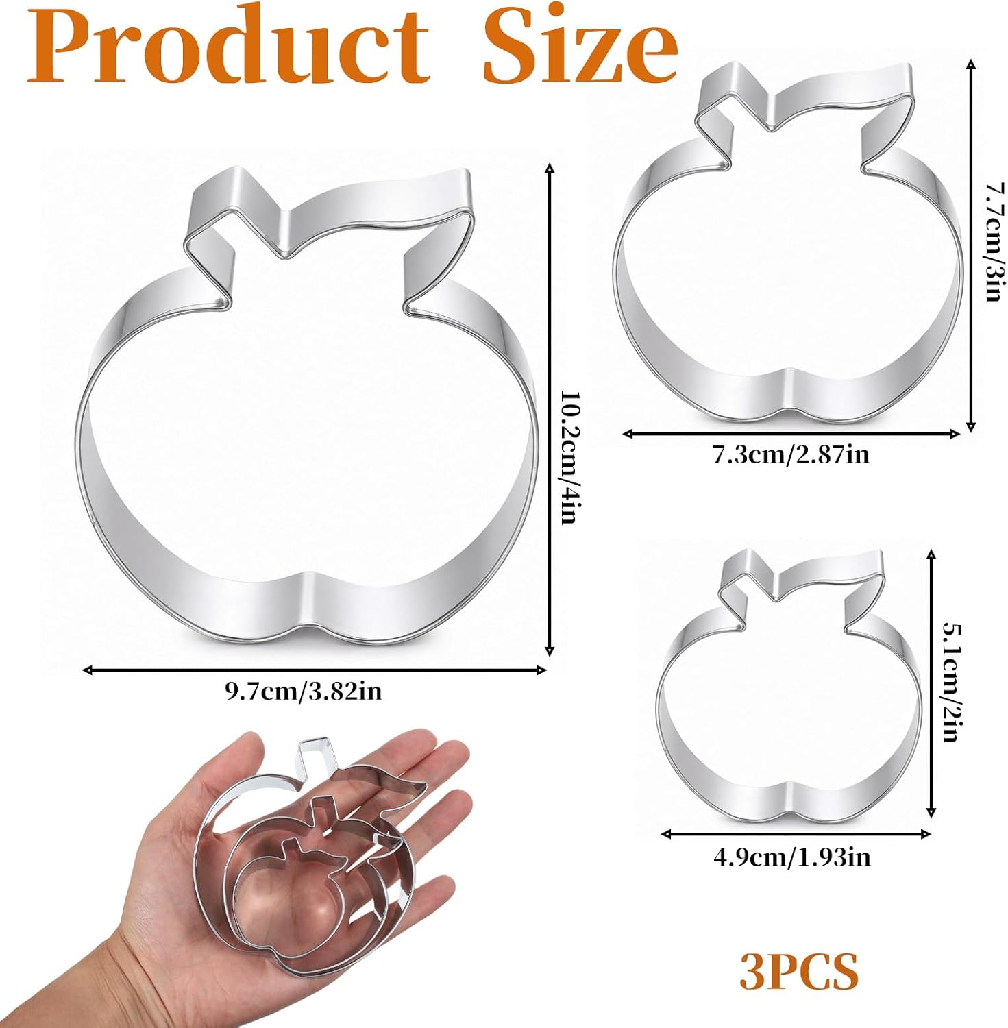 3Pcs Apple Cookie Cutter Set, 3Sizes Stainless Steel Apple Cutters