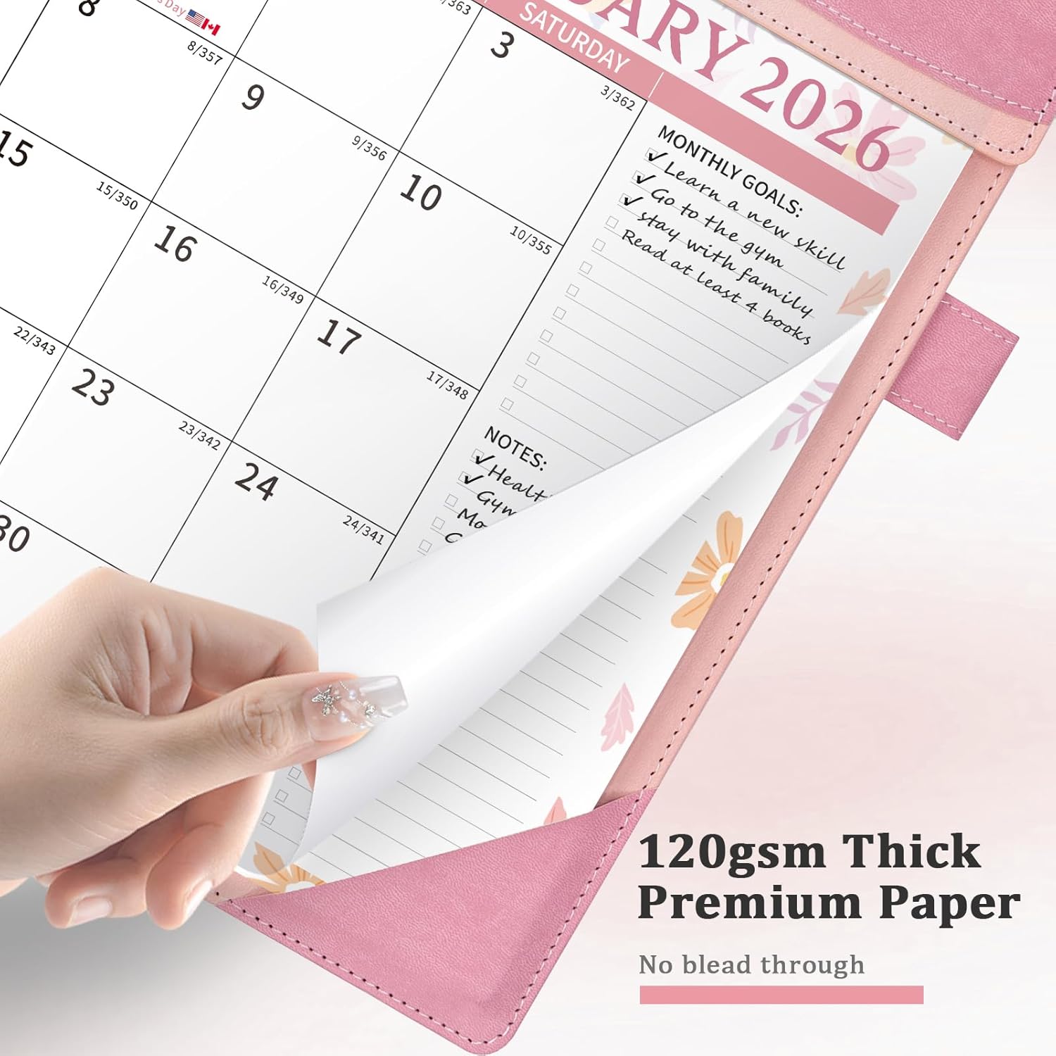 Ospelelf Leather Wall Calendar 2026-2027 with Storage Pocket, 12"x17" Monthly Large Desk Planner Pad with Protective Cover and Sticker for Office School Home, 18 Months January 2026 - June 2027 Pink Floral