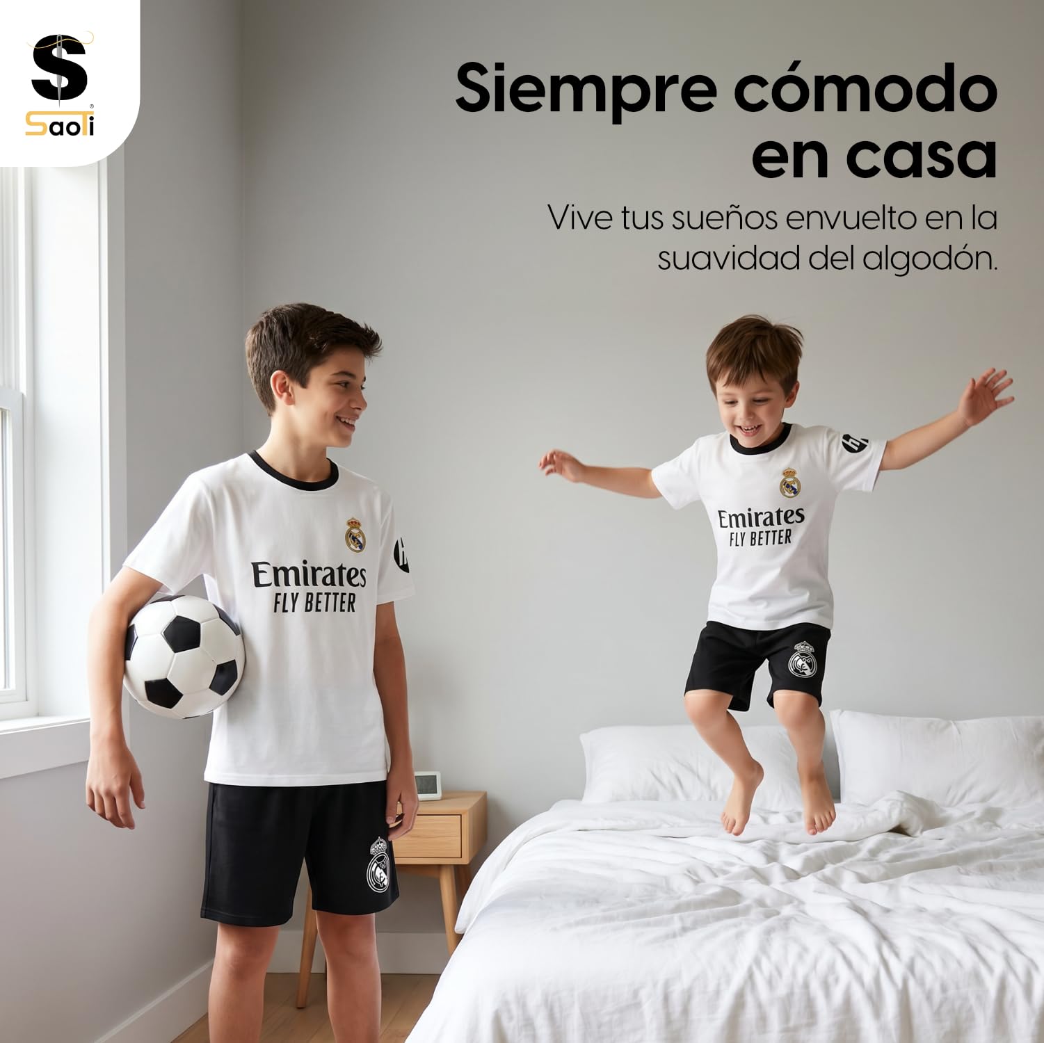 SaoTi Pijama Algodón Niño Madrid Fútbol Camiseta y Pantalón Corto Verano – Pijama Corto Cómodo y Fresco Adulto y Niño – Pijamas Verano Algodón Suave
