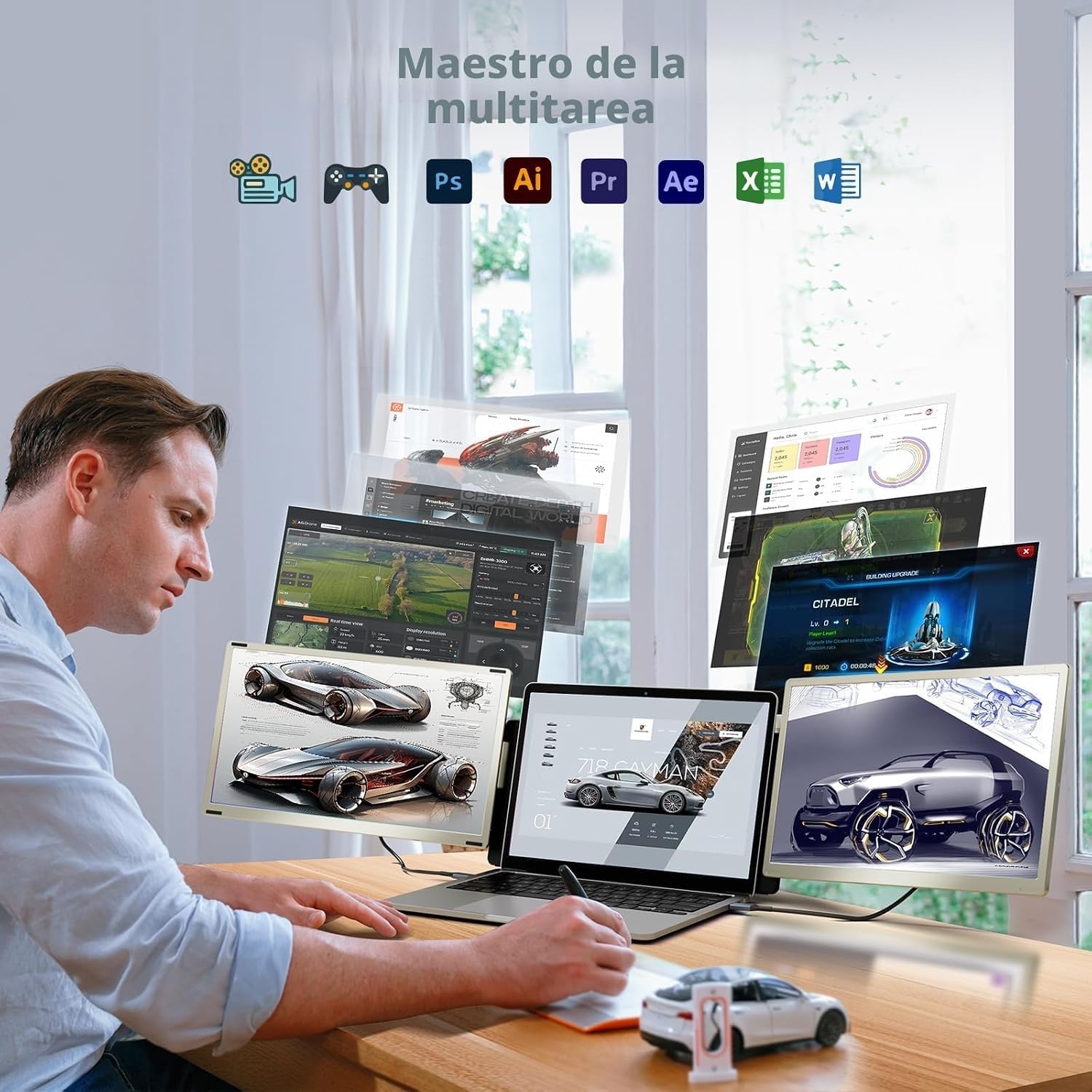 Teamgee Écran Portable 15.6" Triple Moniteur pour Ordinateur Portable FHD 1080P Convient à Toutes Les Tailles Laptop attaché HUB avec Parenthèses Rotatif 90°-235°&Plug and Play pour Wins/Mac/Chrome