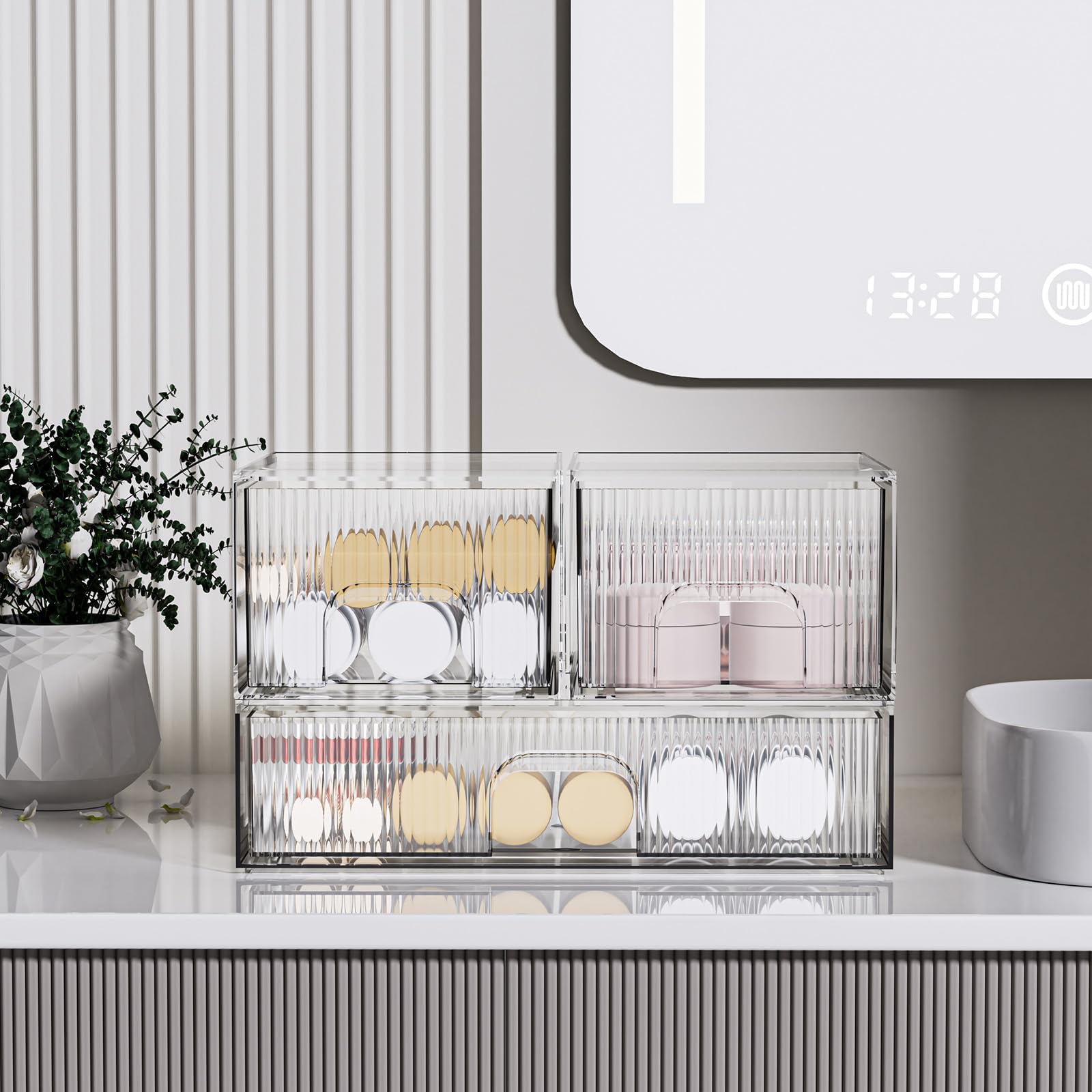 ZHIAI Lot de 3 organiseurs cosmétiques empilables transparents avec tiroirs en acrylique pour cosmétiques et petits articles pour commode, coiffeuse, armoire de cuisine, garde-manger, organisation de