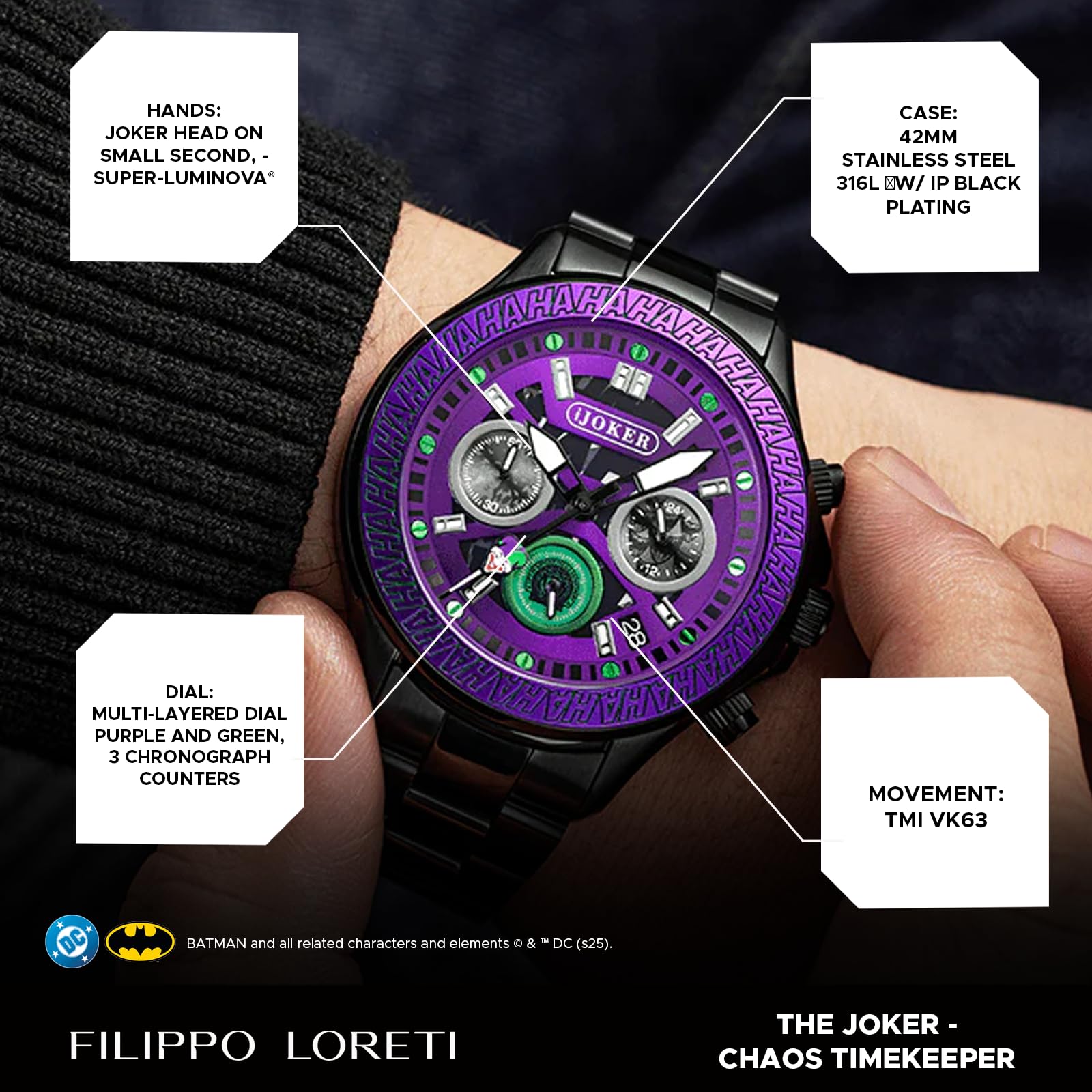 FILIPPO LORETI | The DC Collection - Watches for Men, Men’s Chronograph – 42mm Stainless Steel Case & Black SST Bracelet, 10 ATM WR, MechaQuartz, Limited Edition Gift - 4