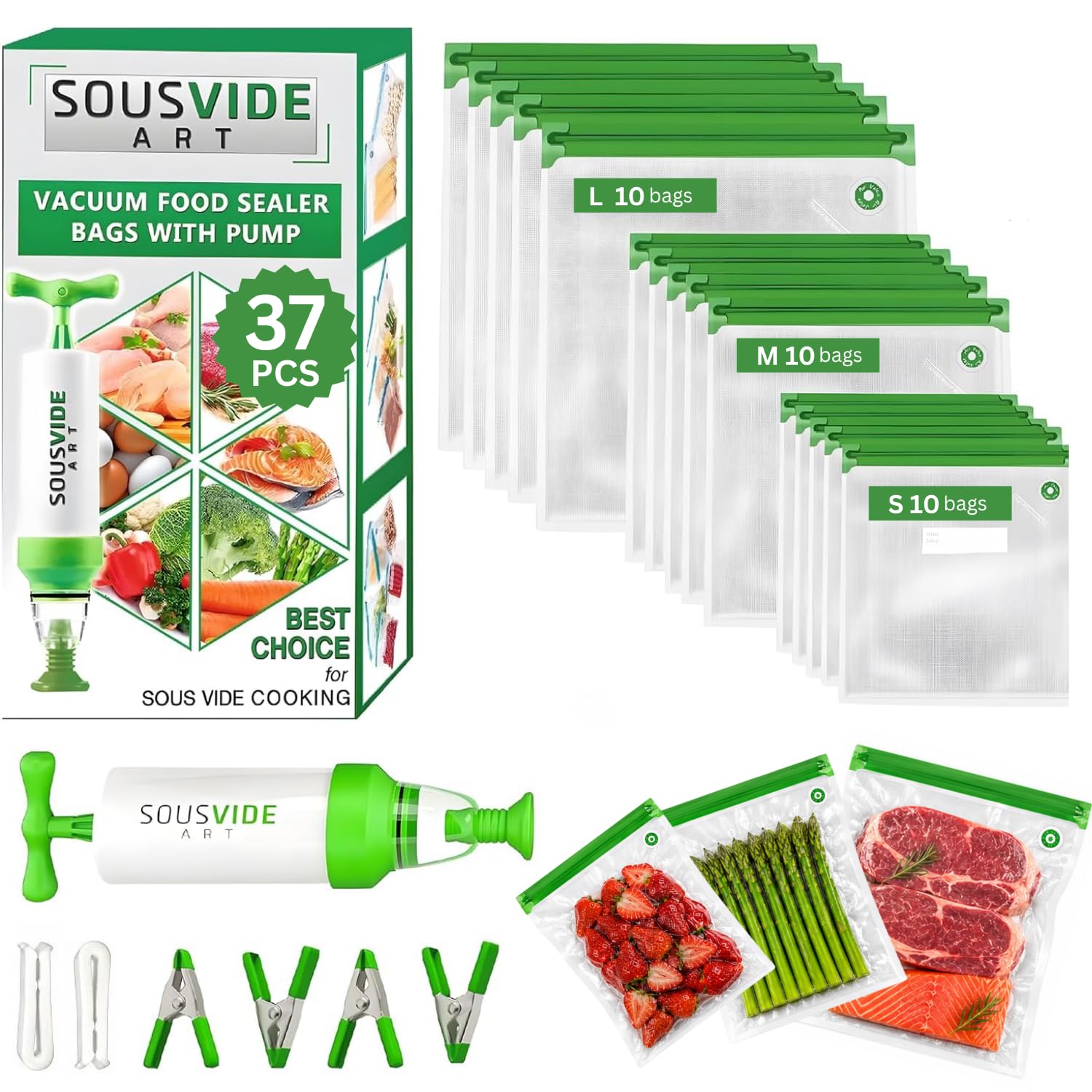 SOUSVIDE ART Lot de 37 sacs réutilisables sous vide avec scellant sous vide – 30 sacs de cuisson et de rangement de 3 tailles avec pompe et accessoires de cuisson sous vide – Kit de qualité