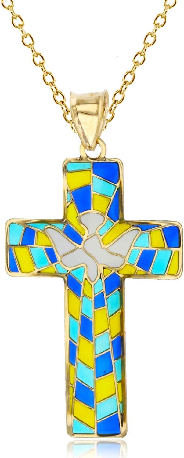 DECADENCE 14K Yellow Gold Solid Enamel Dove Religious Cross Necklace For Women With a 14K Gold 18" Cable Chain