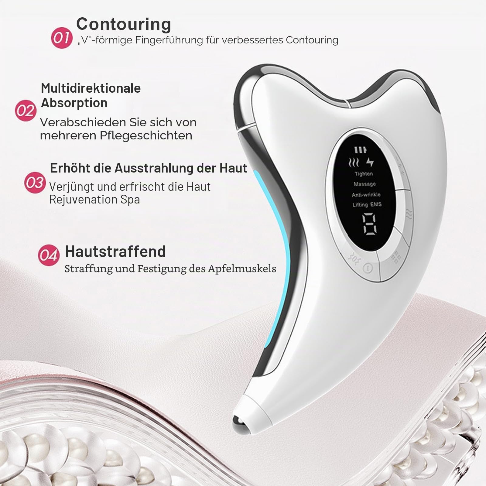 EMS Gua Sha Elektrisch, Gesichtsmassagegerät mit Wärme & Vibration & LED Blau/Gelb/Rot Licht, 4 Modi 9 Intensitätsstufen Massager Gerät Für Gesicht Hals Anti Falten, Anti Aging, Face Lifting