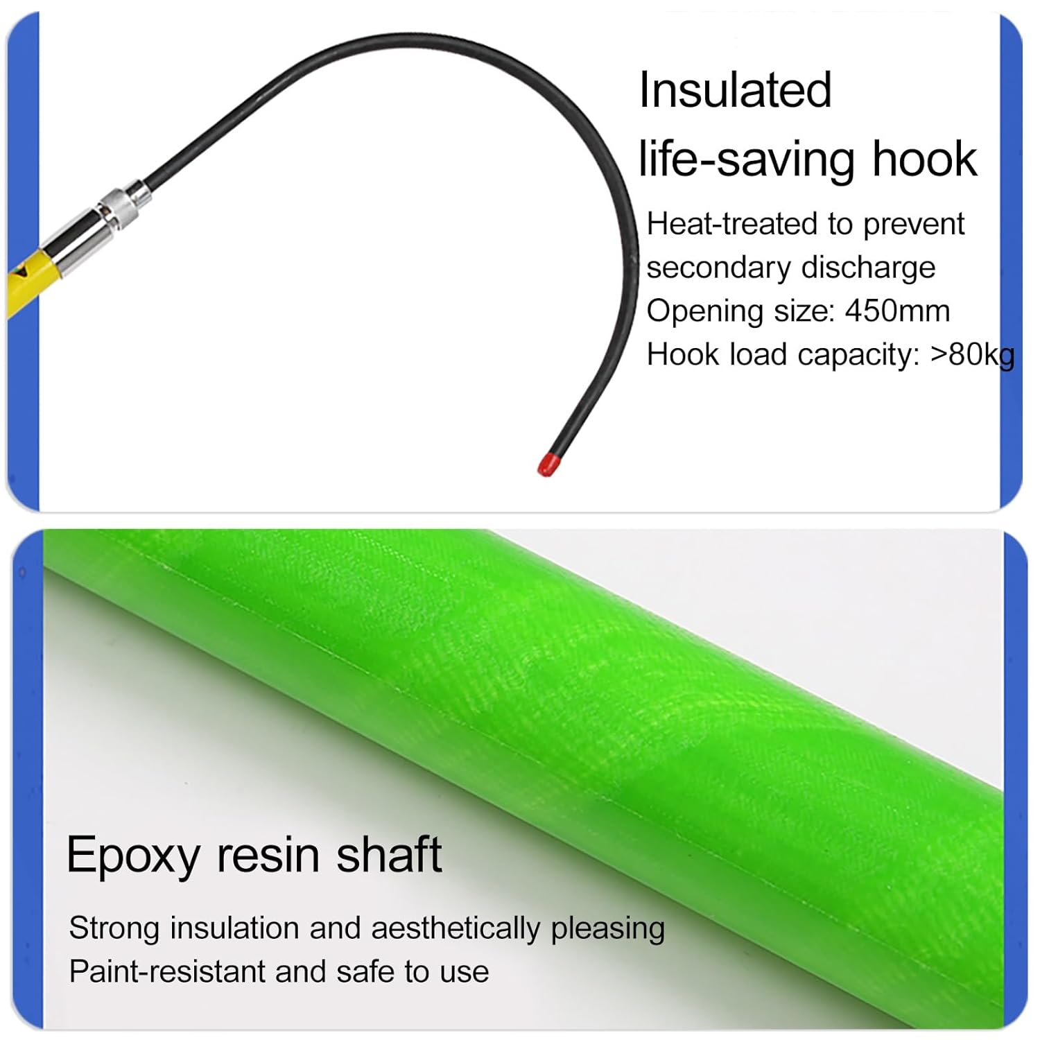 Rescue Pole with Body Hook, High Voltage Insulated Rescue Hook Commercial, Electrical Safety Kit, Construction Sites Aerial Work Life-Saving Rods Pull Tool(Green,1m/39.4in/3.3ft)