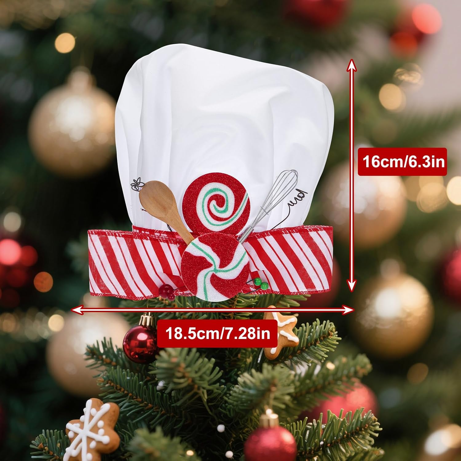 Suncalla Christmas Chef Hat Tree Topper Gingerbread Themed Christmas Tree Decoration Baker's Hat with Candy, Bow Decor Bakers Xmas Gifts for Gingerbread-Themed, Kitchen, Holiday Decor