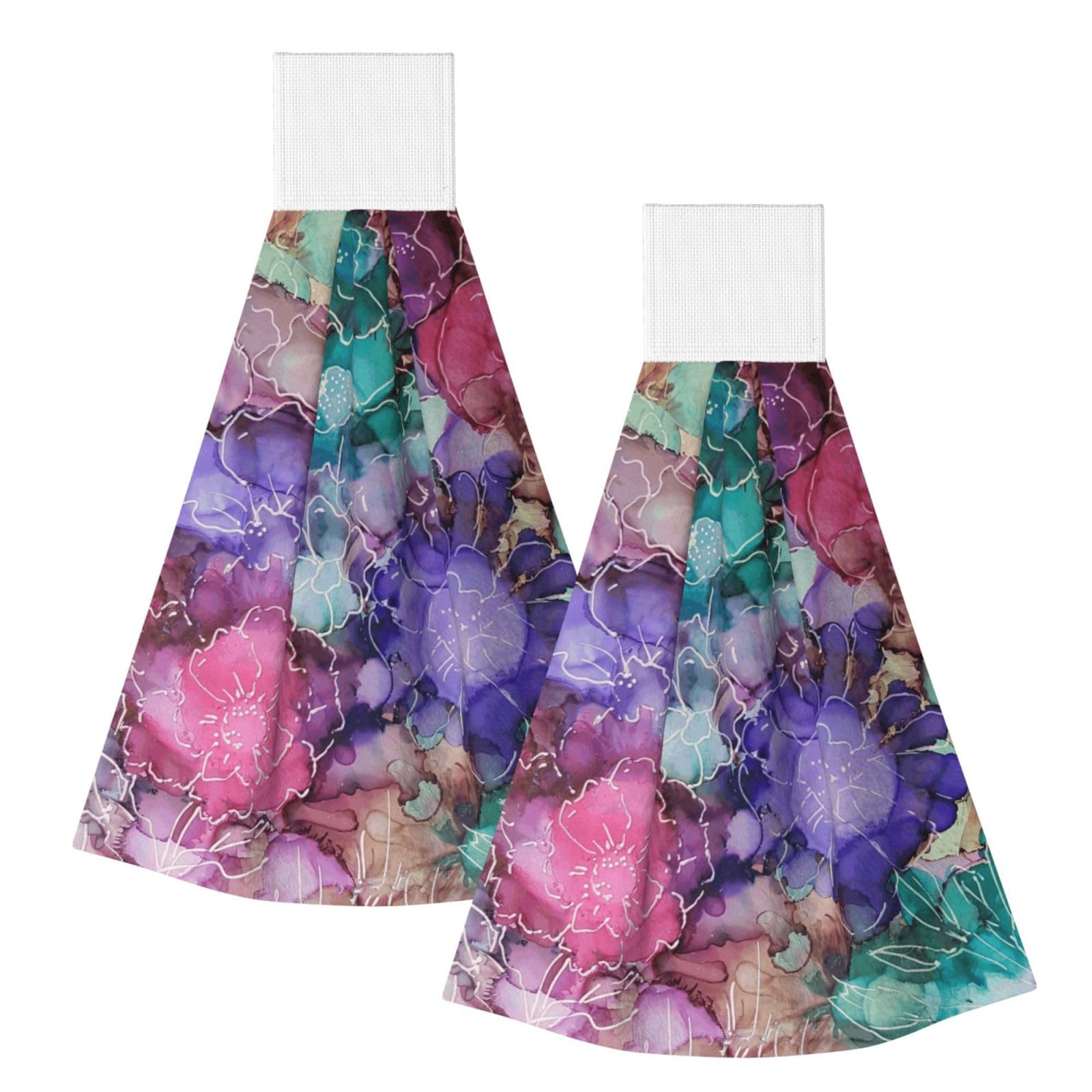 DOPKLNA Tie Dye Flowers, 2 Pcs Hanging Coral Fiber Hand Towels for Bathroom, Absorbent Kitchen Towels