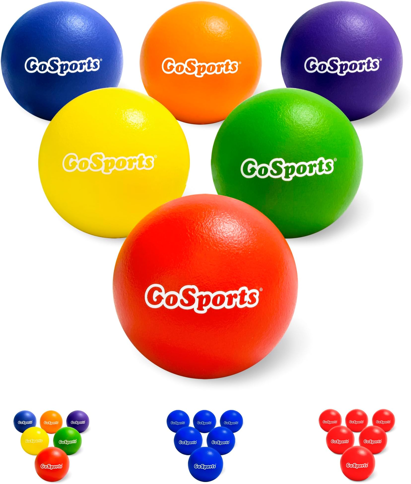 GoSports Soft Skin Foam Playground Dodgeballs - Choose 6 or 7 Inch No Sting Balls for Kids - Set of 6 Includes Mesh Carry Bag