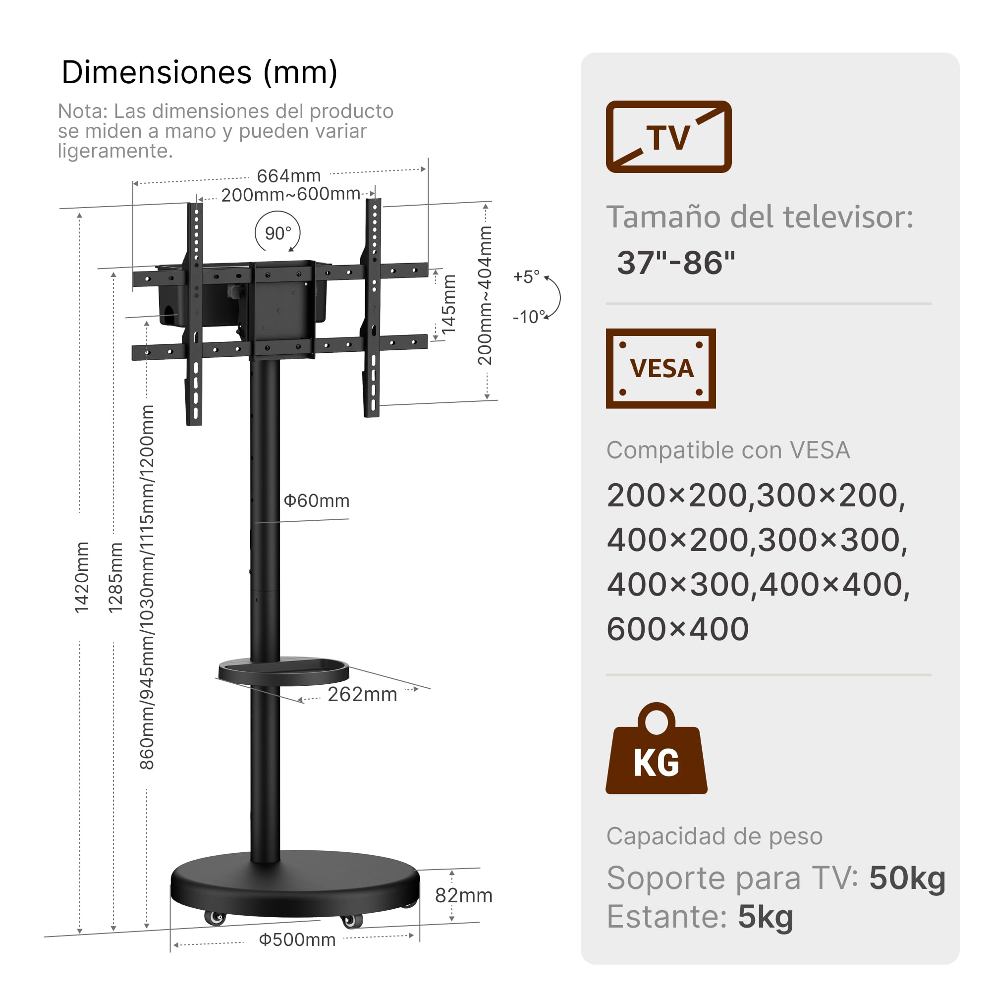 Soporte de TV ajustable con ruedas para televisores de 37 a 86 pulgadas, capacidad de carga de 50 kg, formato vertical y horizontal, carrito de TV móvil estable con estante, máx. VESA 600 x