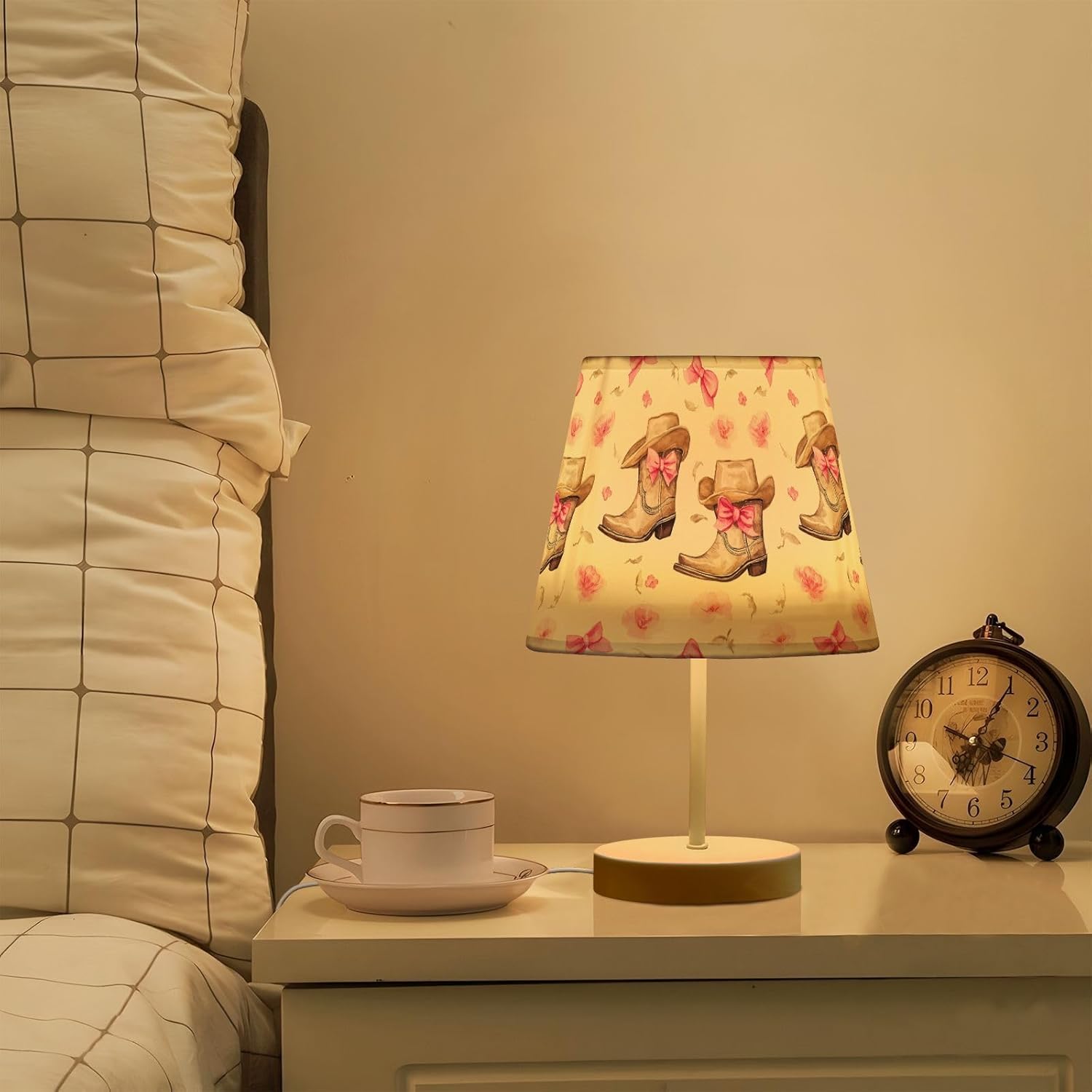 Cowgirl Hat and Boots with Bow Table Lamp, LED Dimmable Desk Lamps Nightstand Lamp Bedside Night Light Fabric Lampshade Decor Lights USB Ports Metal Base for Home Office