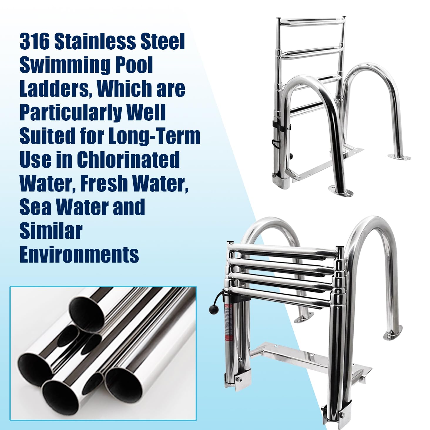 Scala Pieghevole per Piscina/Barca in 316 Inox Portata 200Kg | 4 Gradini Antiscivolo + Doppio Corrimano Arcuato, ideale sia per piscine domestiche che per barche, yacht e gommoni