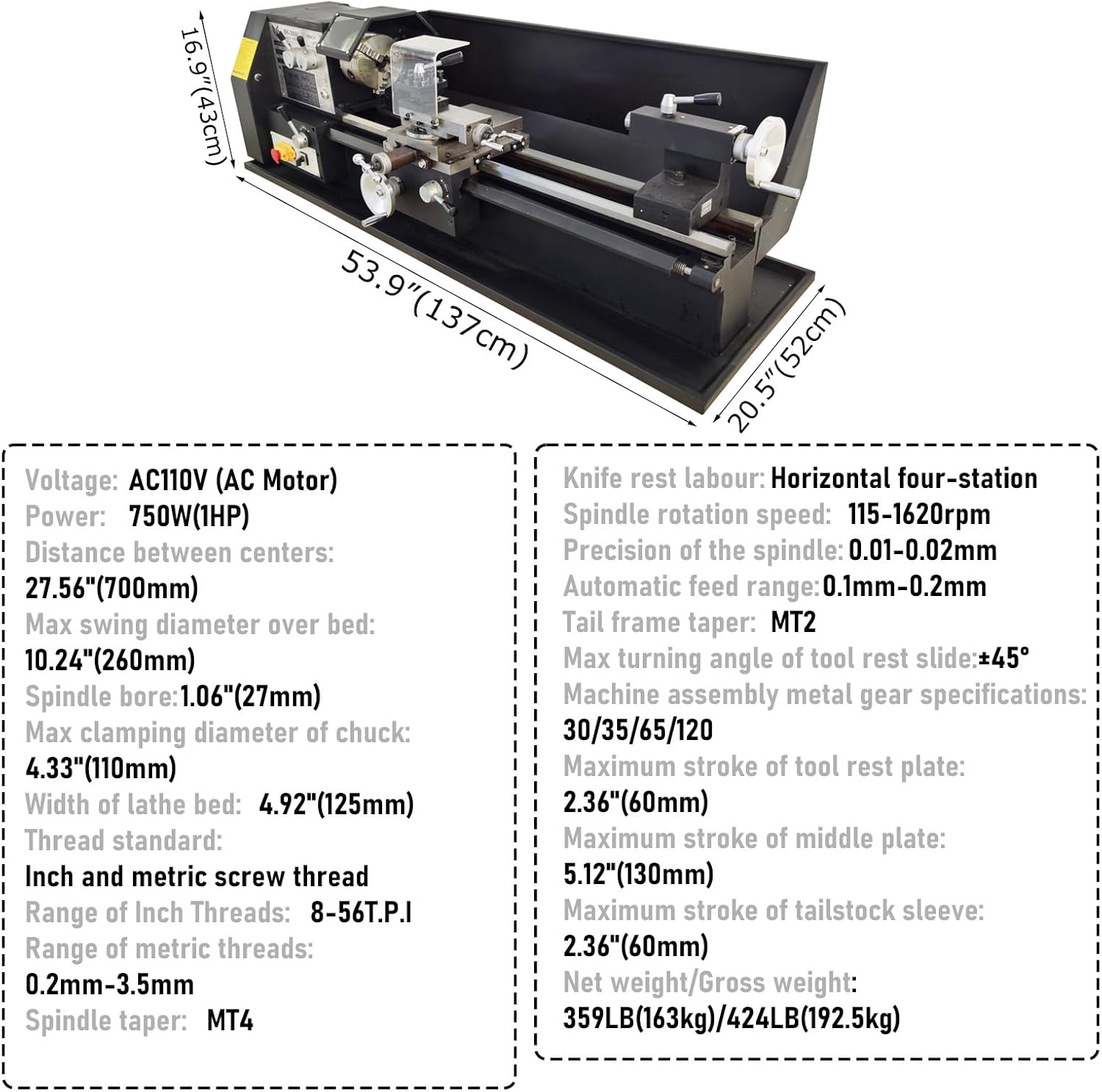 750W Heavy-duty Precision Metal Bench Lathe Spindle Taper MT4, Distance Between Centers 27.56", 10.24" Swing Diameter Over Bed, 53.9"x20.5" Size BK-260L AC110V