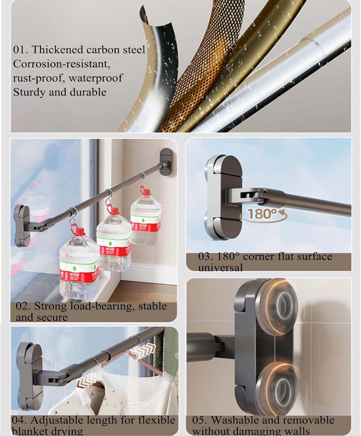 Shower Curtain Rod 44 Inch 1 Inch Diameter Heavy Duty Shower Rod Suction Cup Tension Curtain Rod for Window Adjustable White Towel Racks for Bathroom No Drilling Waterproof