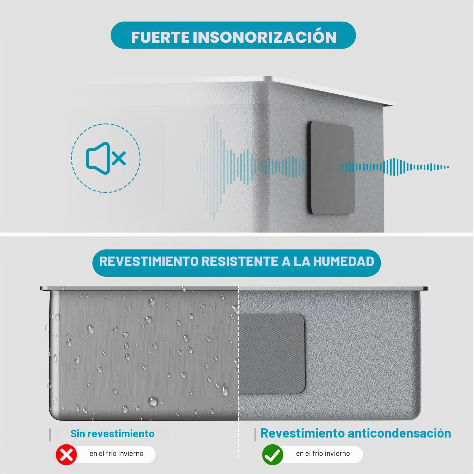 Fregadero de cocina de acero inoxidable 304 hecho a mano, 60 x 50 x 19 cm, con escurridor, 1 tazón, plateado cepillado satinado