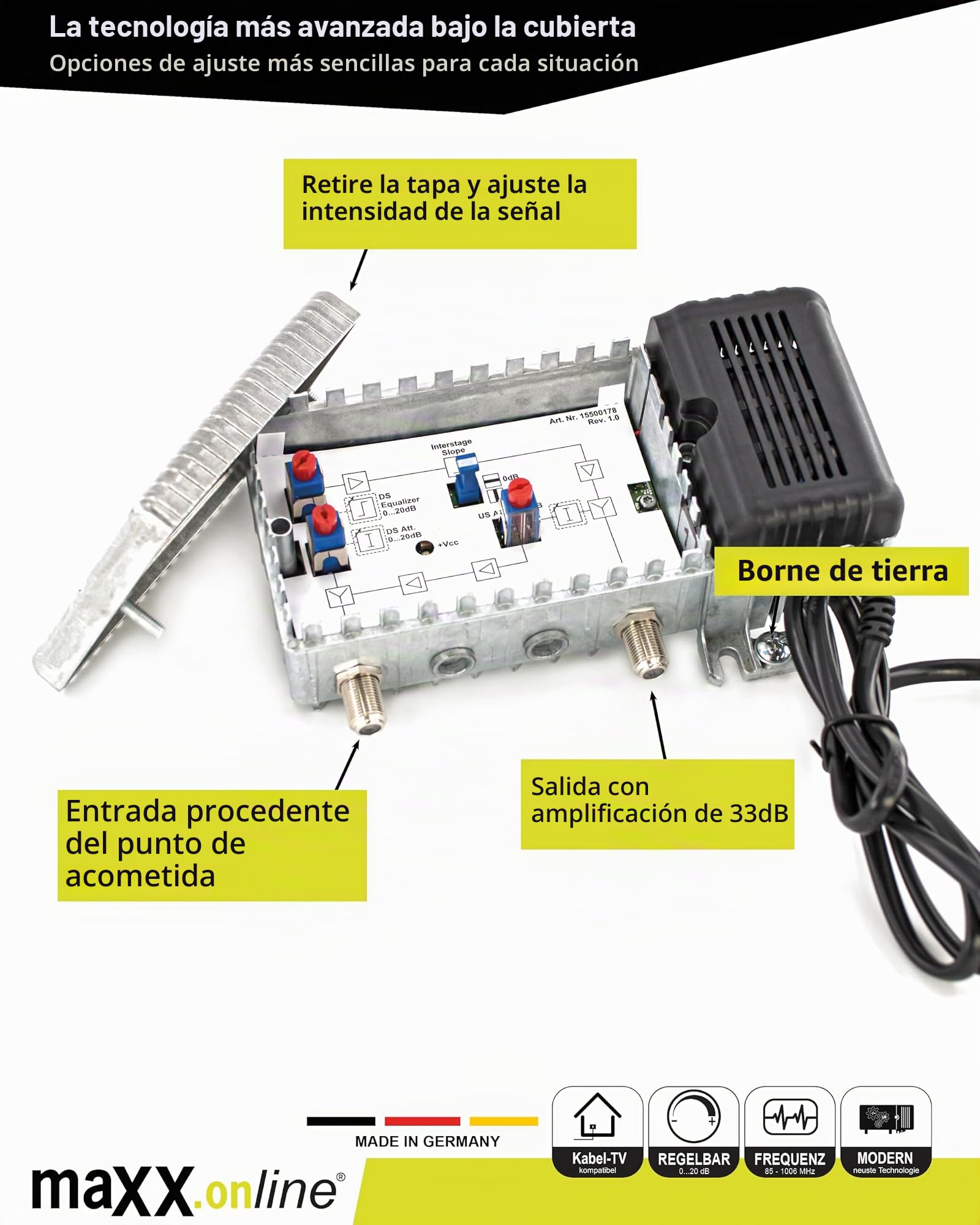 VST9341 A Amplificador de Conexión para Televisión por Cable - 34 Db, Regulable, BK - Cable de Antena DVB-T, DVB-C