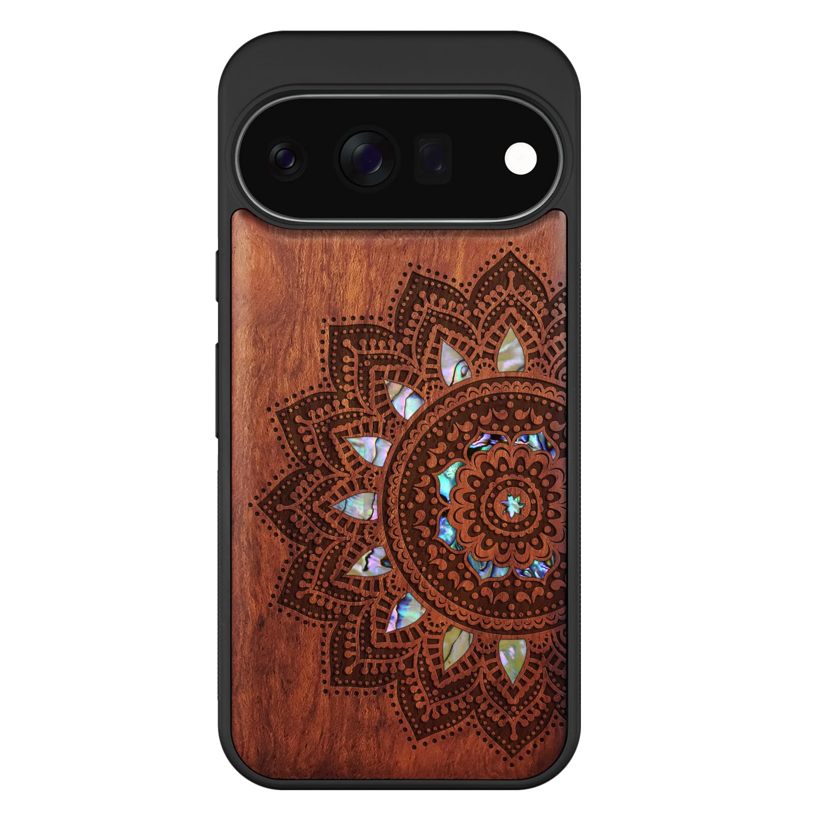 Carveit Madera Funda para Google Pixel 11 (Rosa-Arte Mandala) | Compatible con MagSafe [Grabado en madera e incrustación de mejillones] Magnética Cover para Pixel 11 Carcasa