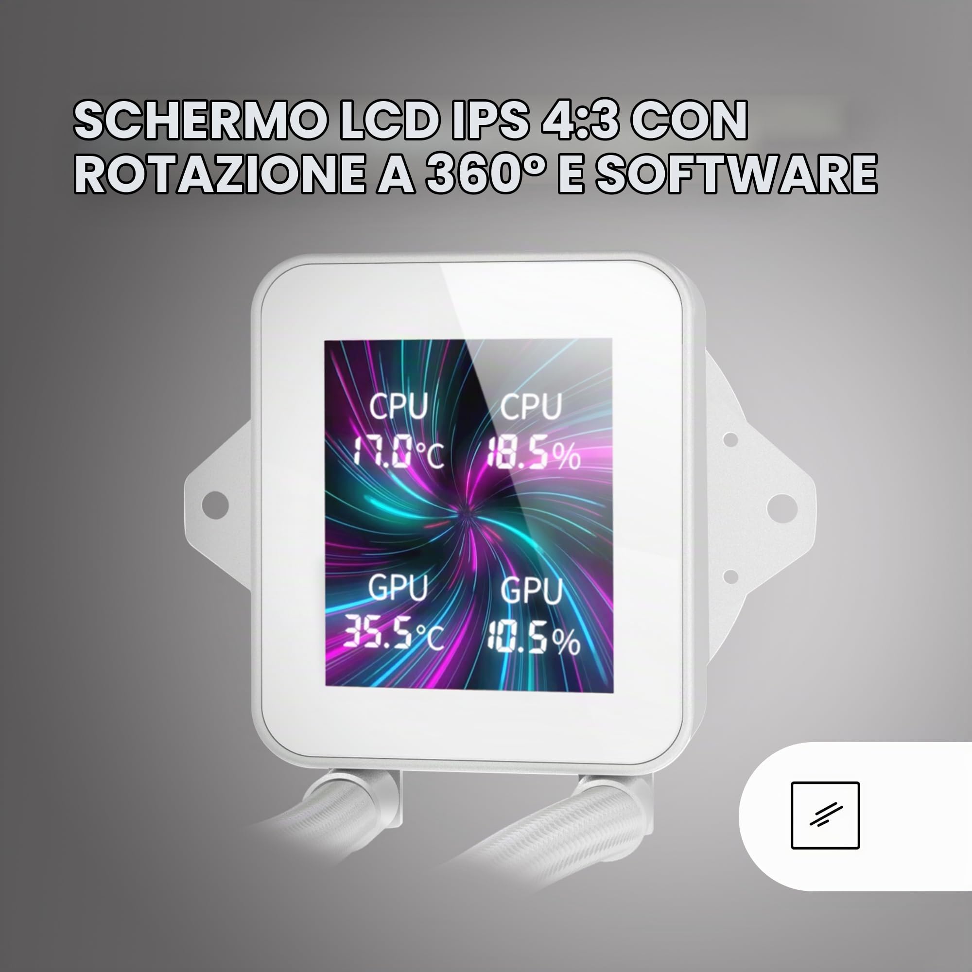 Mars Gaming ML-VISION240, Raffreddamento a Liquido AIO, TDP 500W, 2x Ventole ARGB con Nucleo in Rame e Alluminio FDB, Schermo LCD IPS 4:3 Rotazione a 360° e Software, Multisocket Universale, Bianco