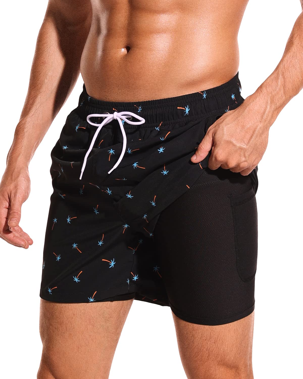 SILKWORLD Mens Swimming Trunks with Compression Liner and Zipper Pockets