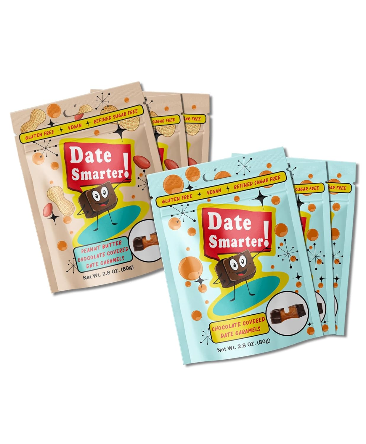 Date Smarter Chocolate & Peanut Butter Date Caramels Variety Pack - Naturally Sweetened with Real Dates - Vegan, Gluten-Free, Dairy-Free, Refined Sugar-Free, Plant-Based Snack Bites - 2.8 oz, 6 Pack