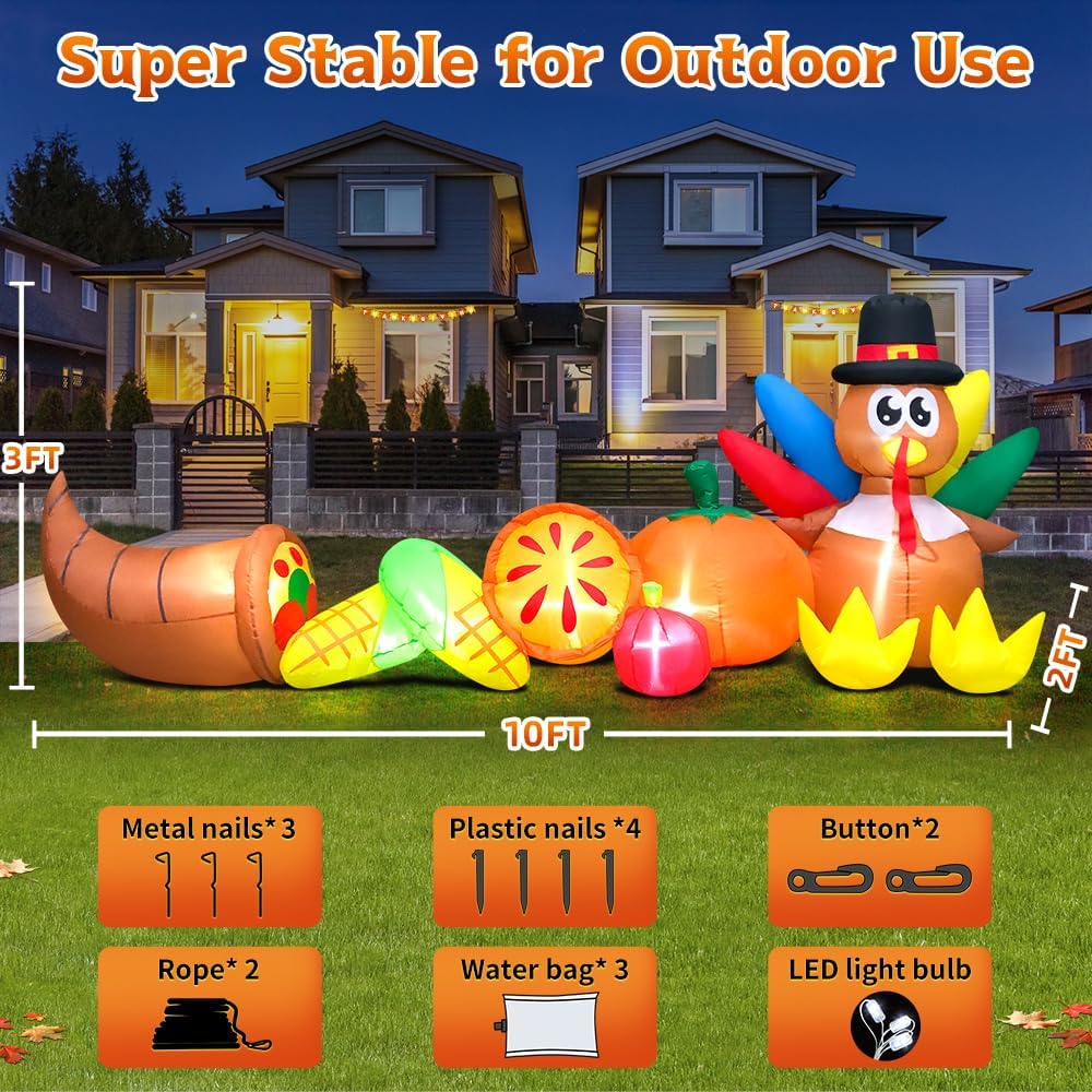 KOOY 10FT Thanksgiving Inflatables Decorations Blow Up Turkey Corn Vegetables with LED Lights for Fall Autumns Happy Thanksgiving Festival Outside Indoor Outdoor Lawn Holiday Décor Harvest