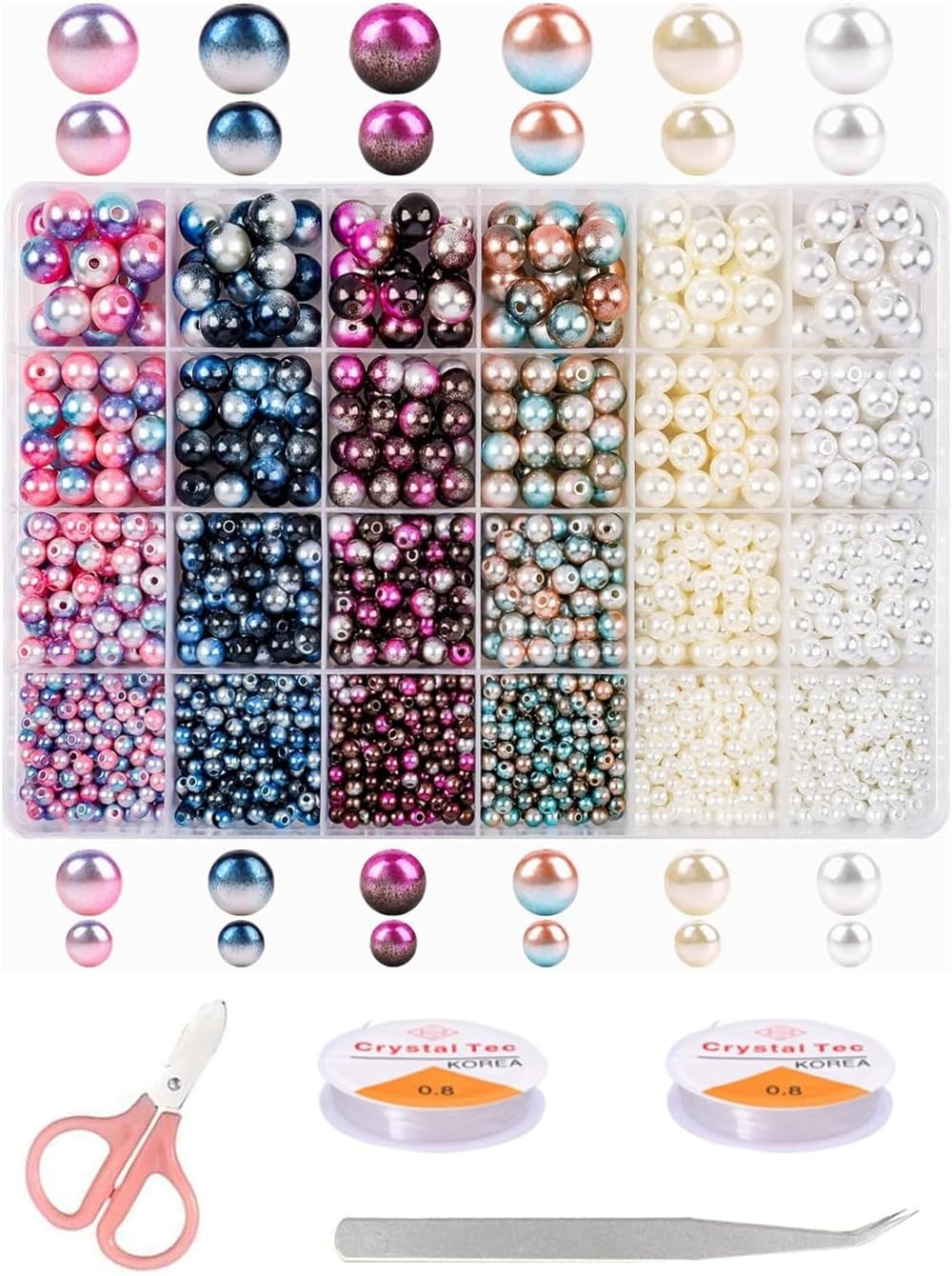 1890 Pcs Pearl Beads, 4/6/8/10mm Multicolor Pearl Beads Loose Pearls for Crafts with Holes for Jewelry Making, Gradient Imitation Pearl Beads, Small Pearl Filler Beads for Bracelet Necklace Earrings