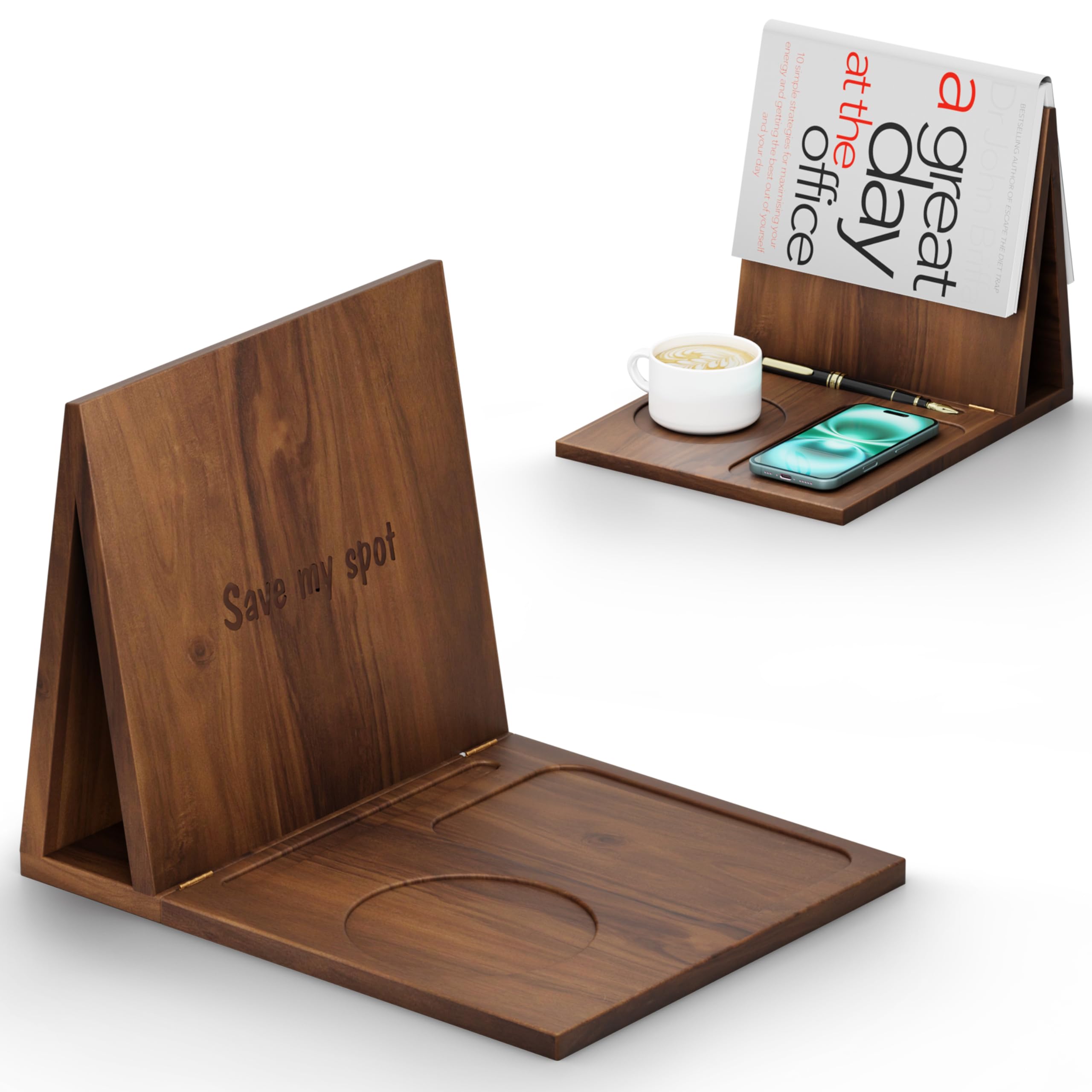 Support de livre triangulaire, repose-livre, en acacia, pliable pour coin de lecture, support de livre triangulaire avec tasse, stylo, lunettes et support de téléphone pour chambre à coucher