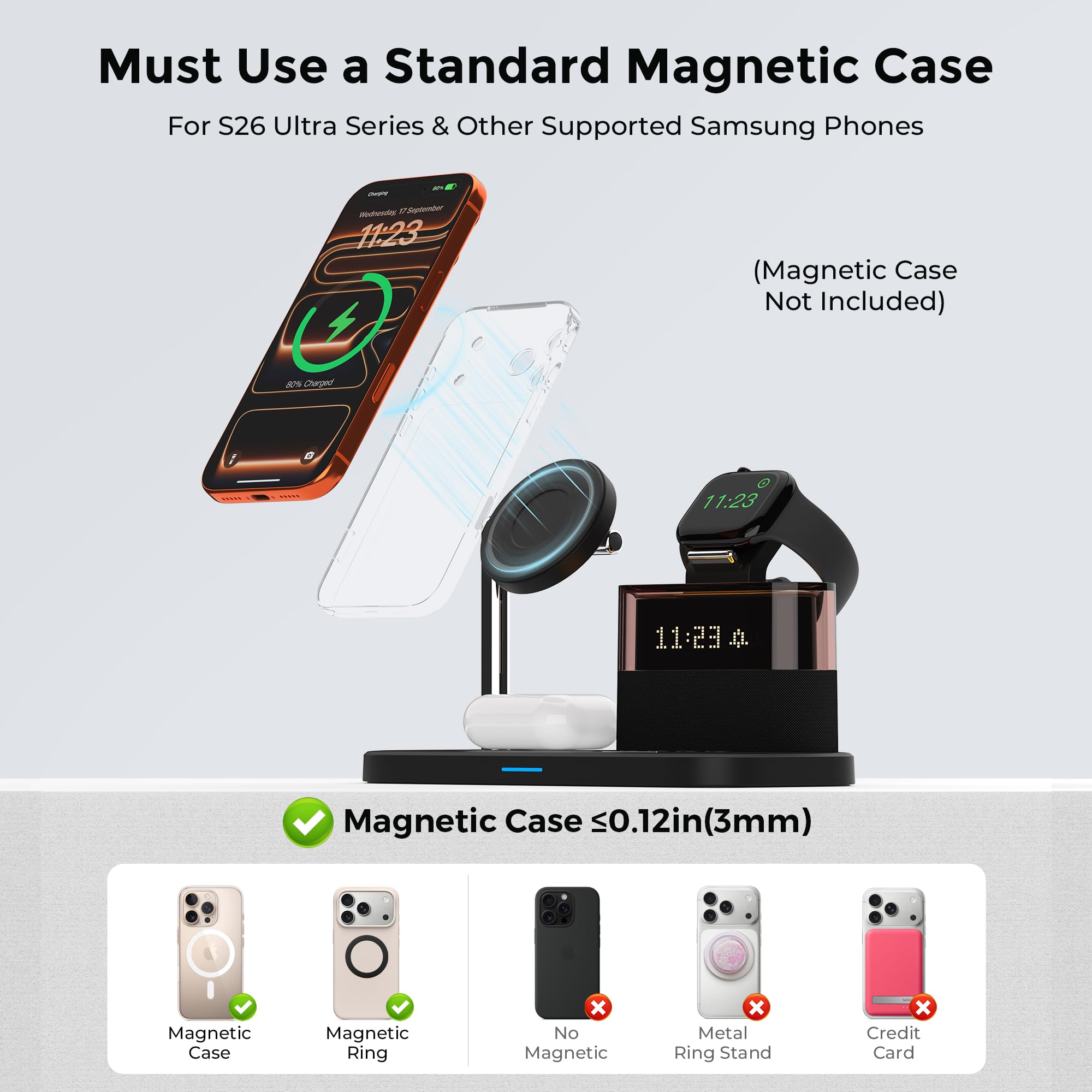 Qi2 - Stazione di ricarica 3 in 1 per iPhone 16/15/14/13/12 serie m. sveglia e luce RGB, supporto di ricarica magnetico con adattatore PD 30 W, caricatore rapido da 15 W per iWatch/Apple Earbuds (nero