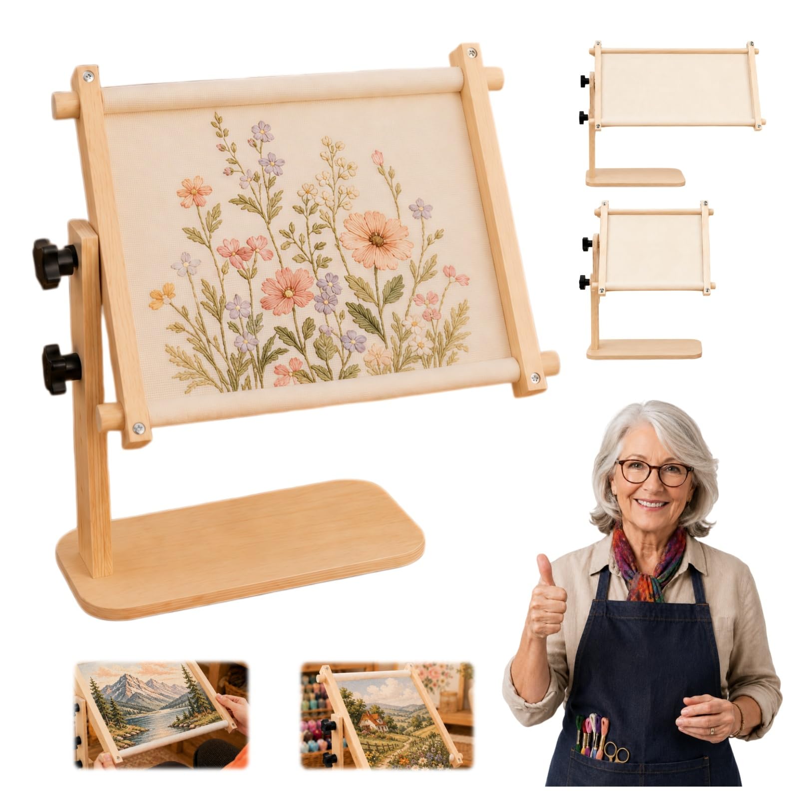 Adjustable Tabletop Embroidery Stand, Cross Stitch Frame Holder, Wooden Free Embroidery Frame Stand with 360° Rotating Stable Sitting-Base Design for Sewing Arts Crafts，22.9*45.7cm/9.02*17.99 in